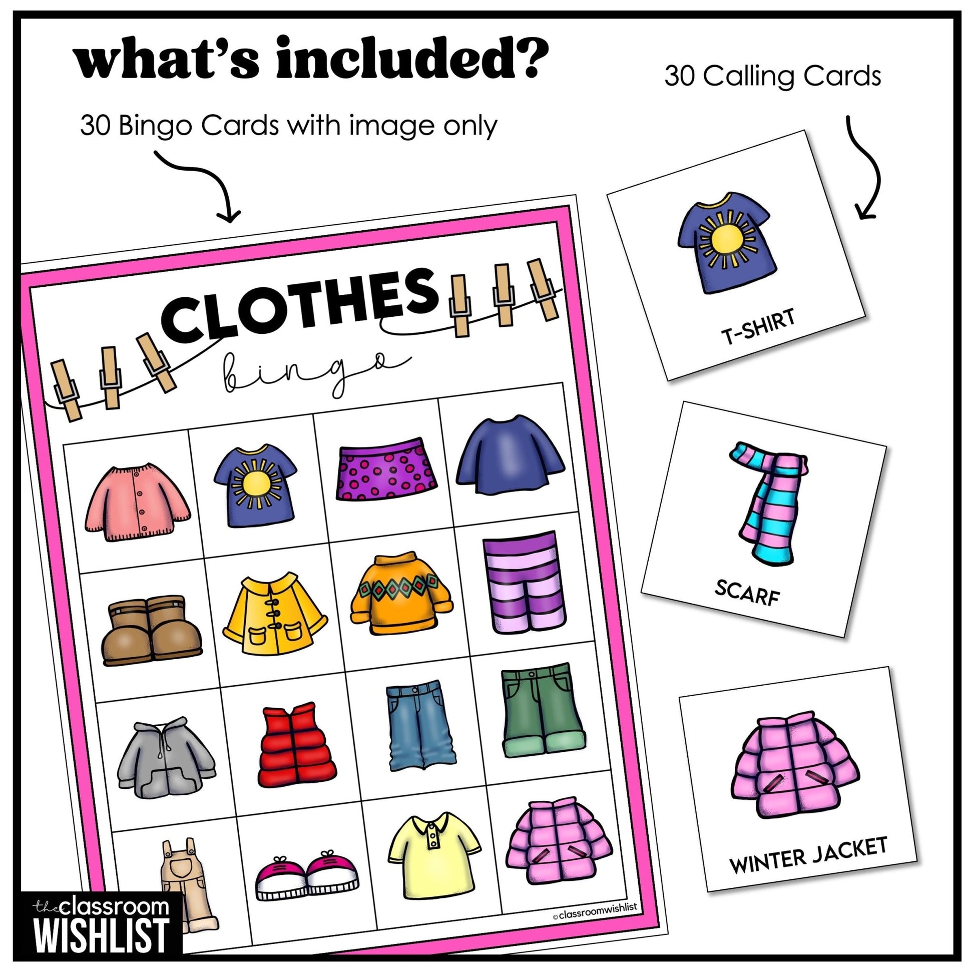 Clothes Bingo – Clothing Vocabulary Bingo Game Cards - Play 3 Ways - Hot Chocolate Teachables