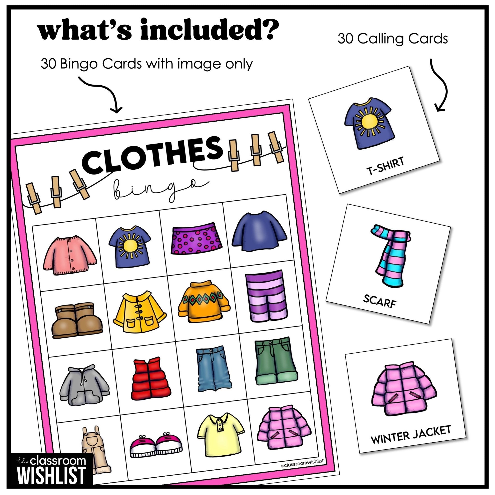 Clothes Bingo – Clothing Vocabulary Bingo Game Cards - Play 3 Ways - Hot Chocolate Teachables