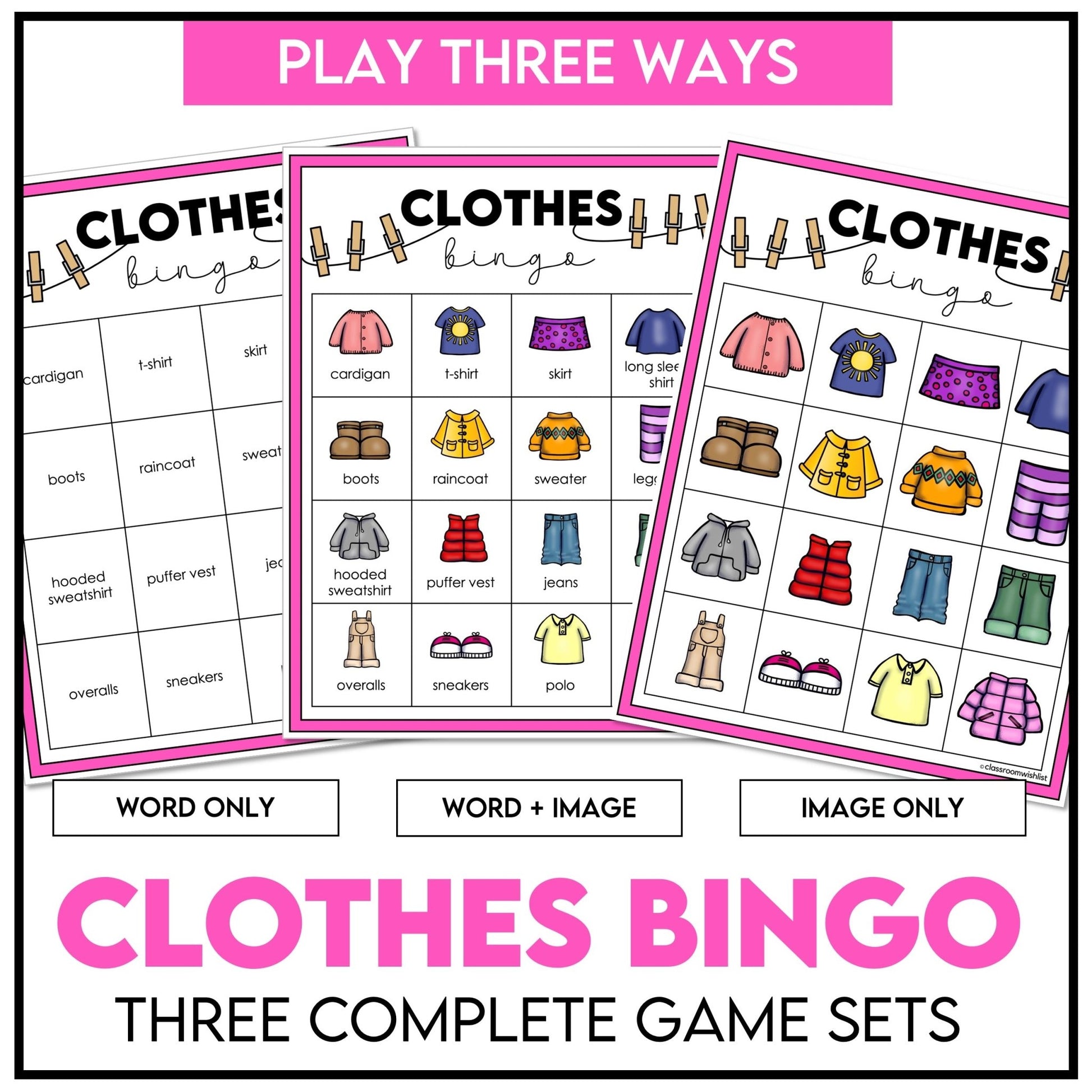 Clothes Bingo – Clothing Vocabulary Bingo Game Cards - Play 3 Ways - Hot Chocolate Teachables