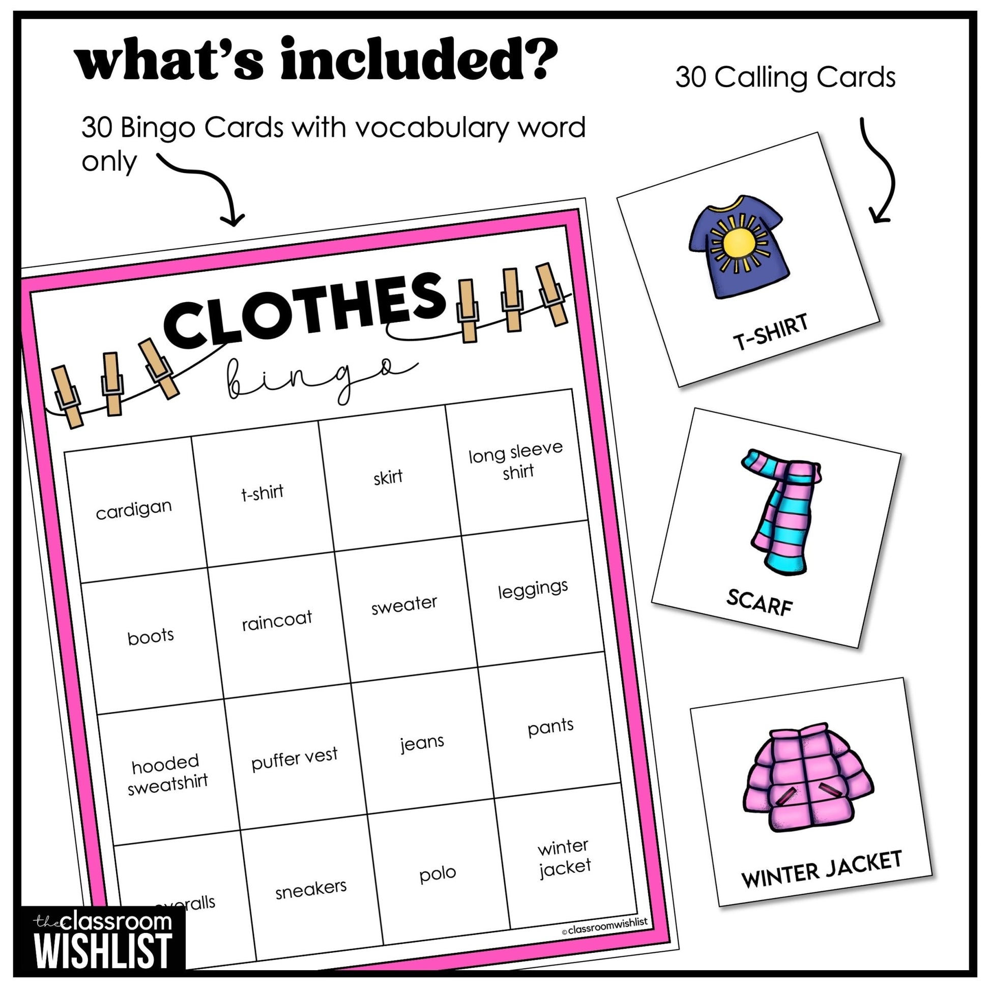 Clothes Bingo – Clothing Vocabulary Bingo Game Cards - Play 3 Ways - Hot Chocolate Teachables