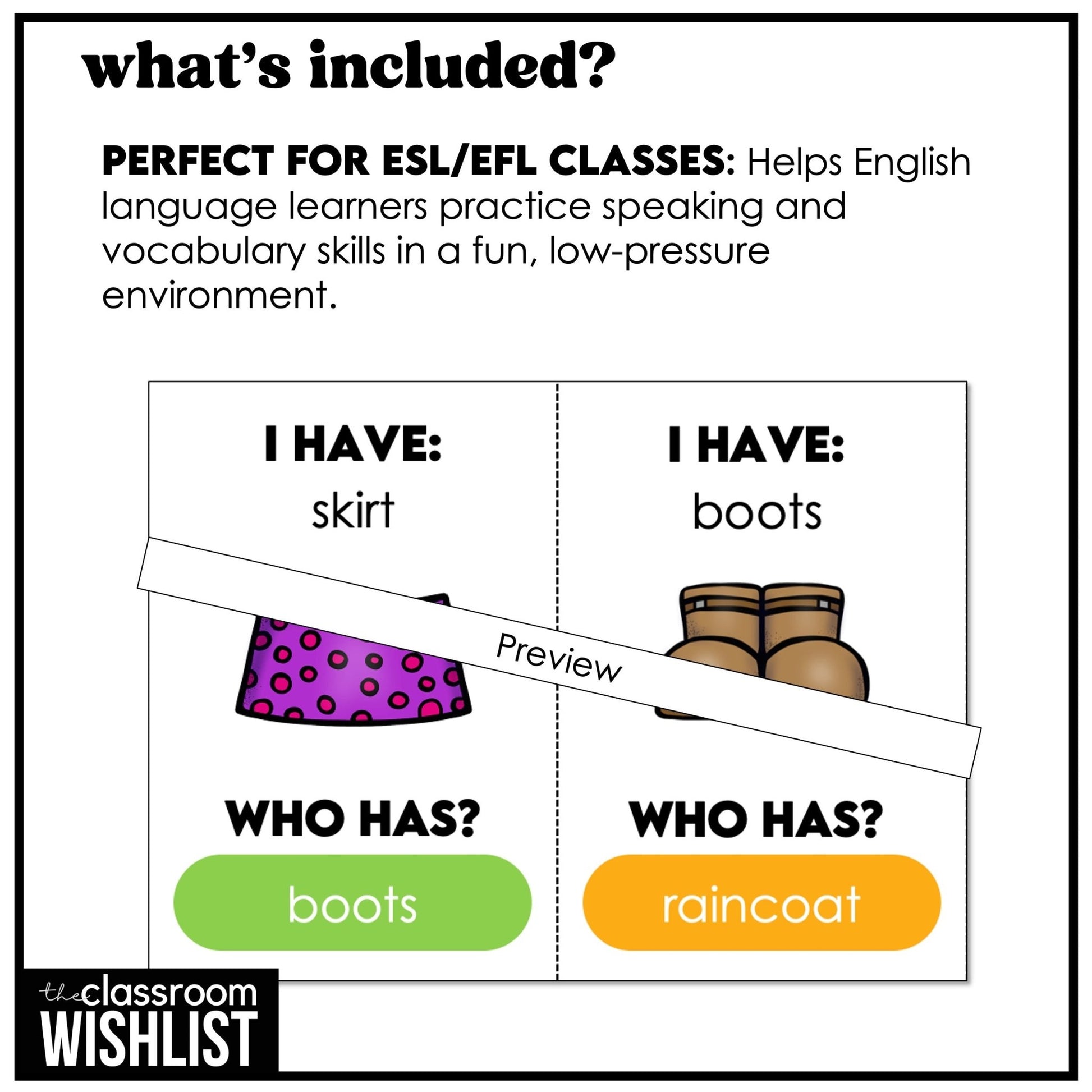 Clothes - I Have, Who Has? Card Game | Clothing, Jewelry, Accessories Activity - Hot Chocolate Teachables