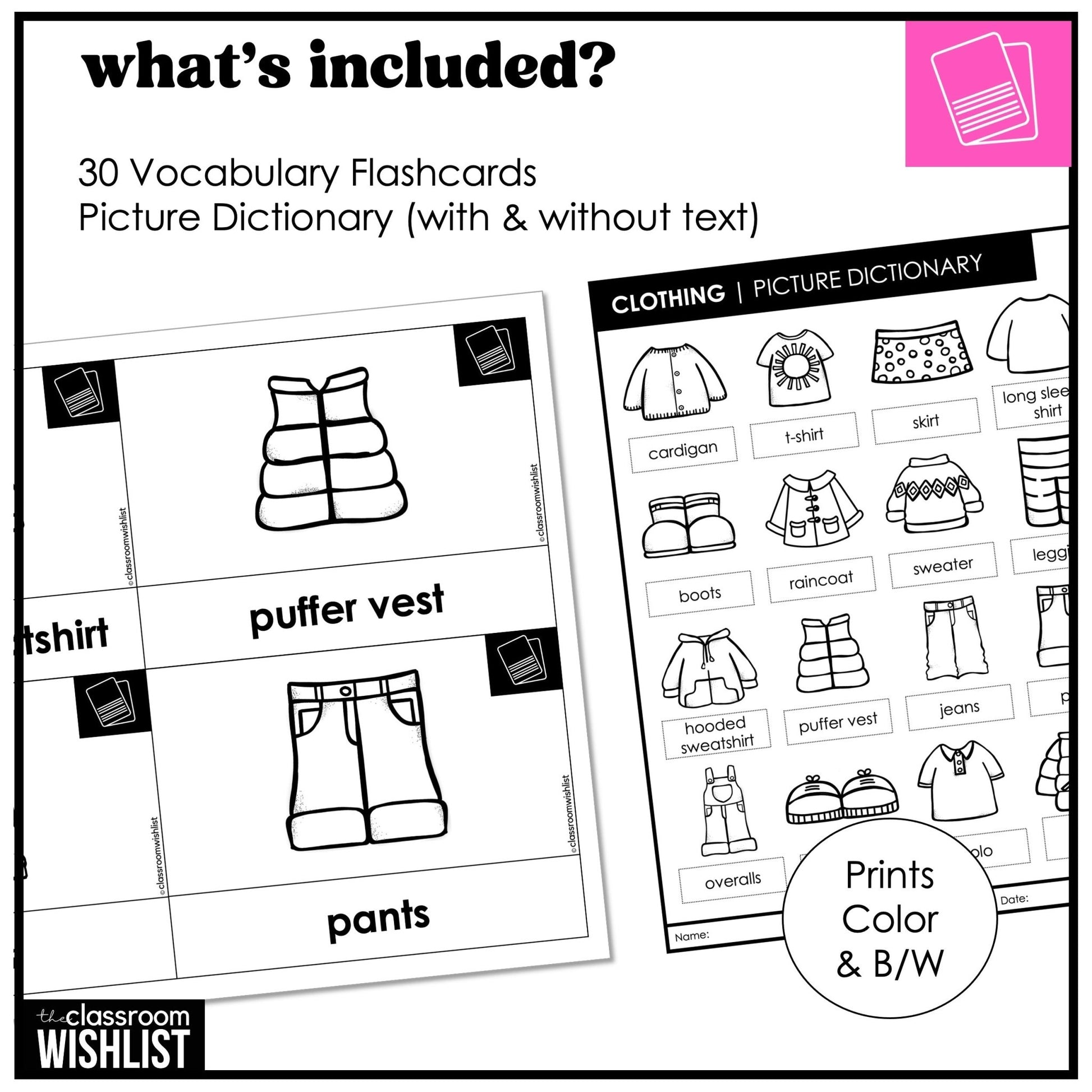 Clothes Vocabulary Pack: Flashcards & Picture Dictionary for ESL / ELL / ELA - Hot Chocolate Teachables