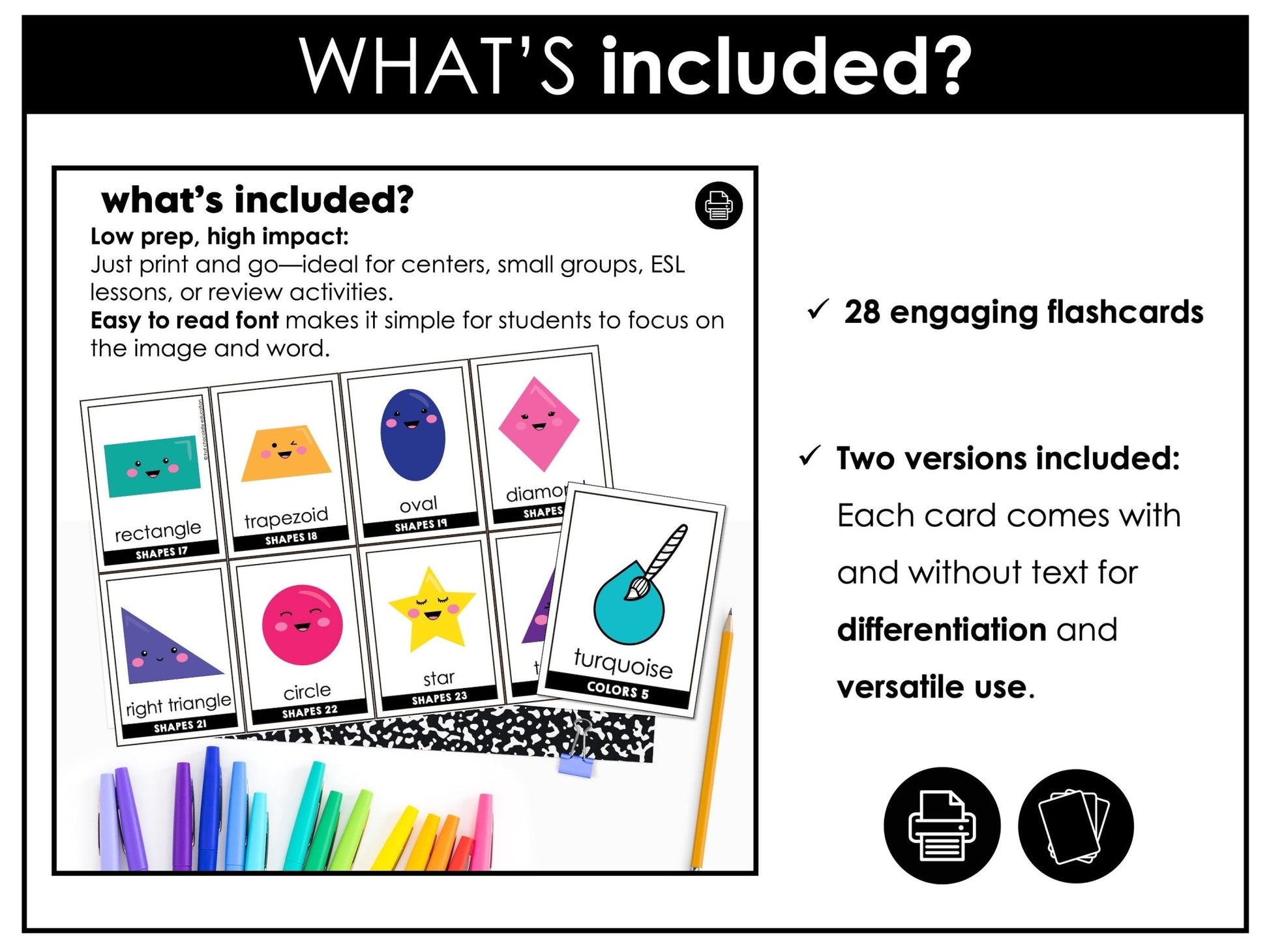 Colors & Shapes Vocabulary Flash cards | ESL Beginner Task Cards - Hot Chocolate Teachables