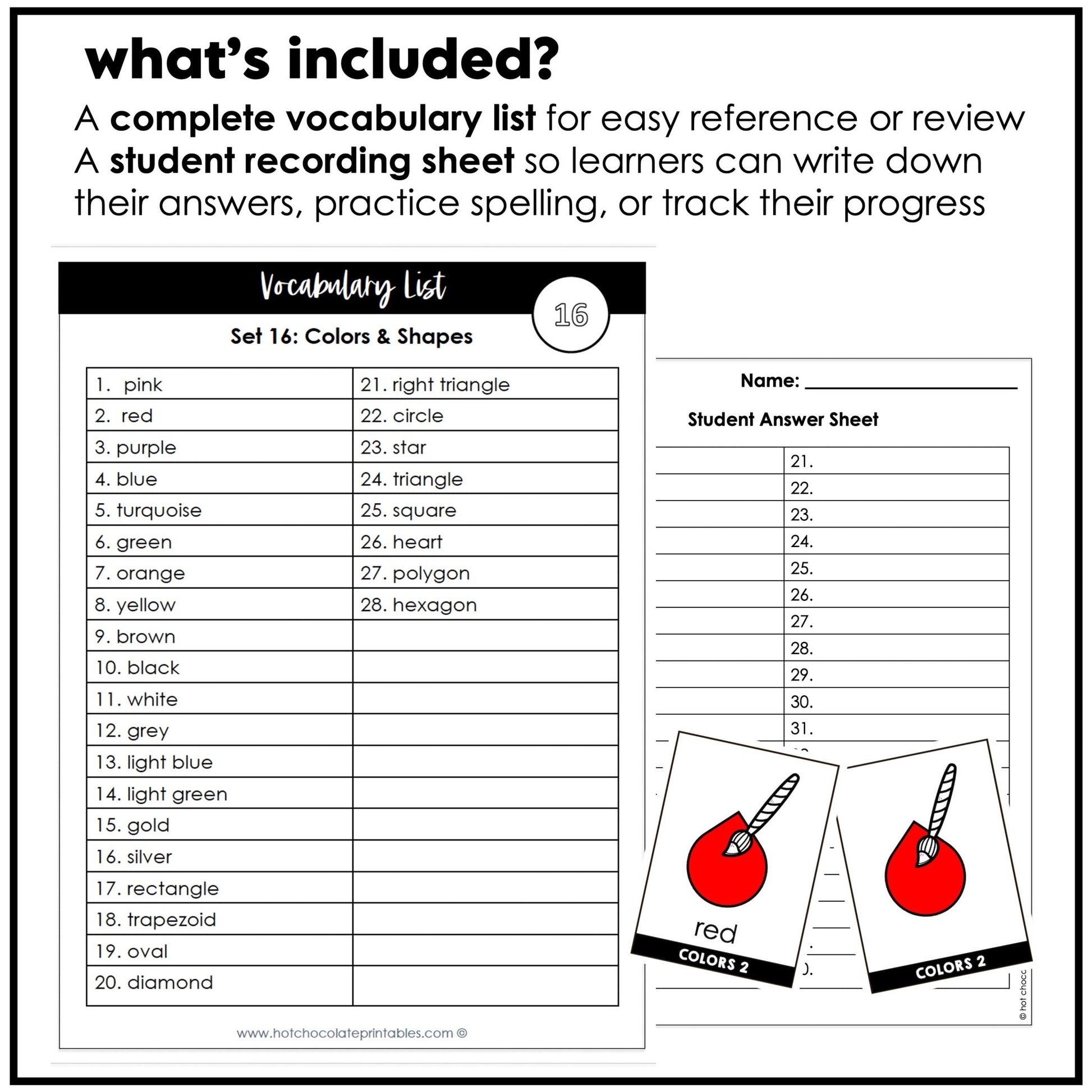 Colors & Shapes Vocabulary Flash cards | ESL Beginner Task Cards - Hot Chocolate Teachables