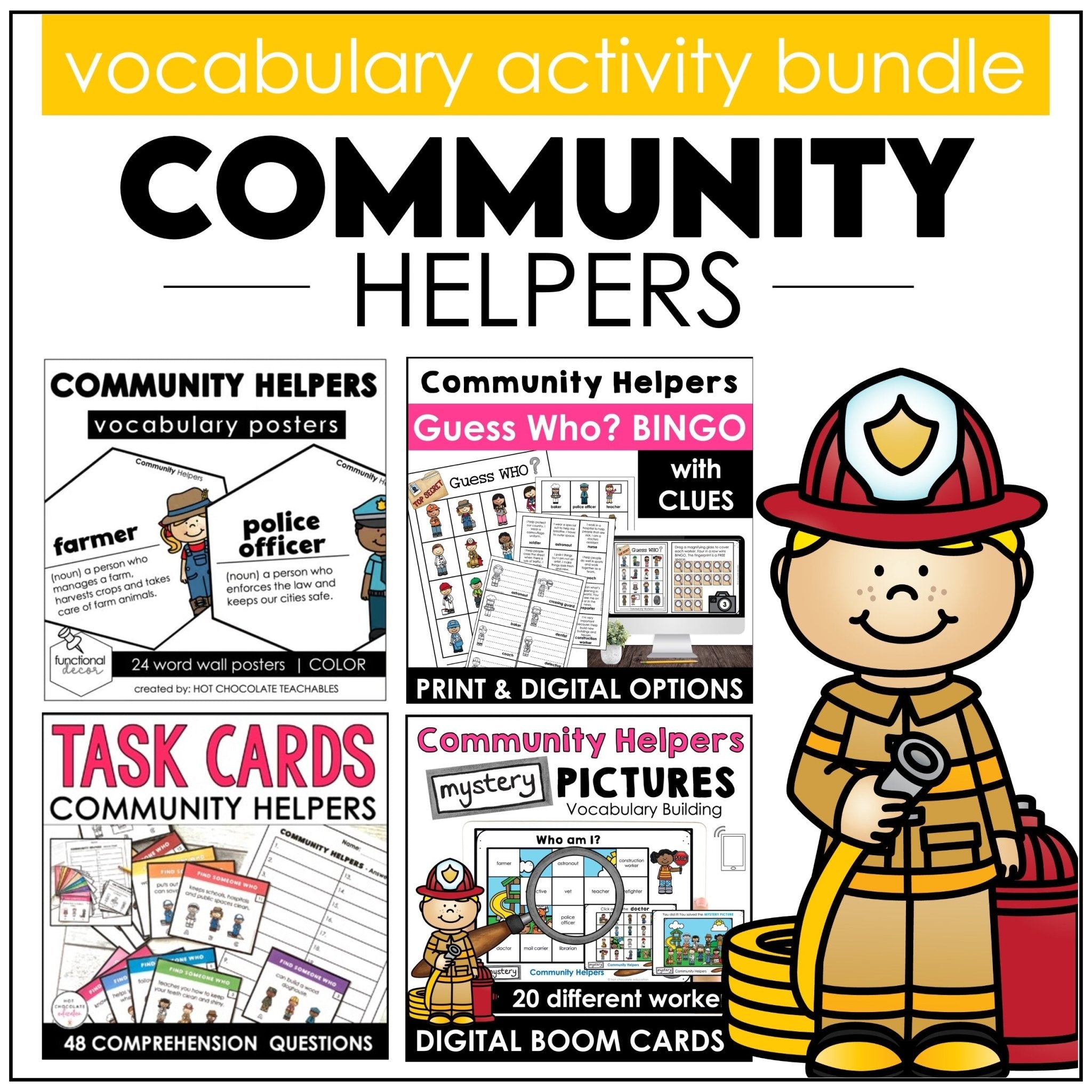 Community Helpers Activity Pack: Posters | Games | Task Cards & Activity Bundle - Hot Chocolate Teachables