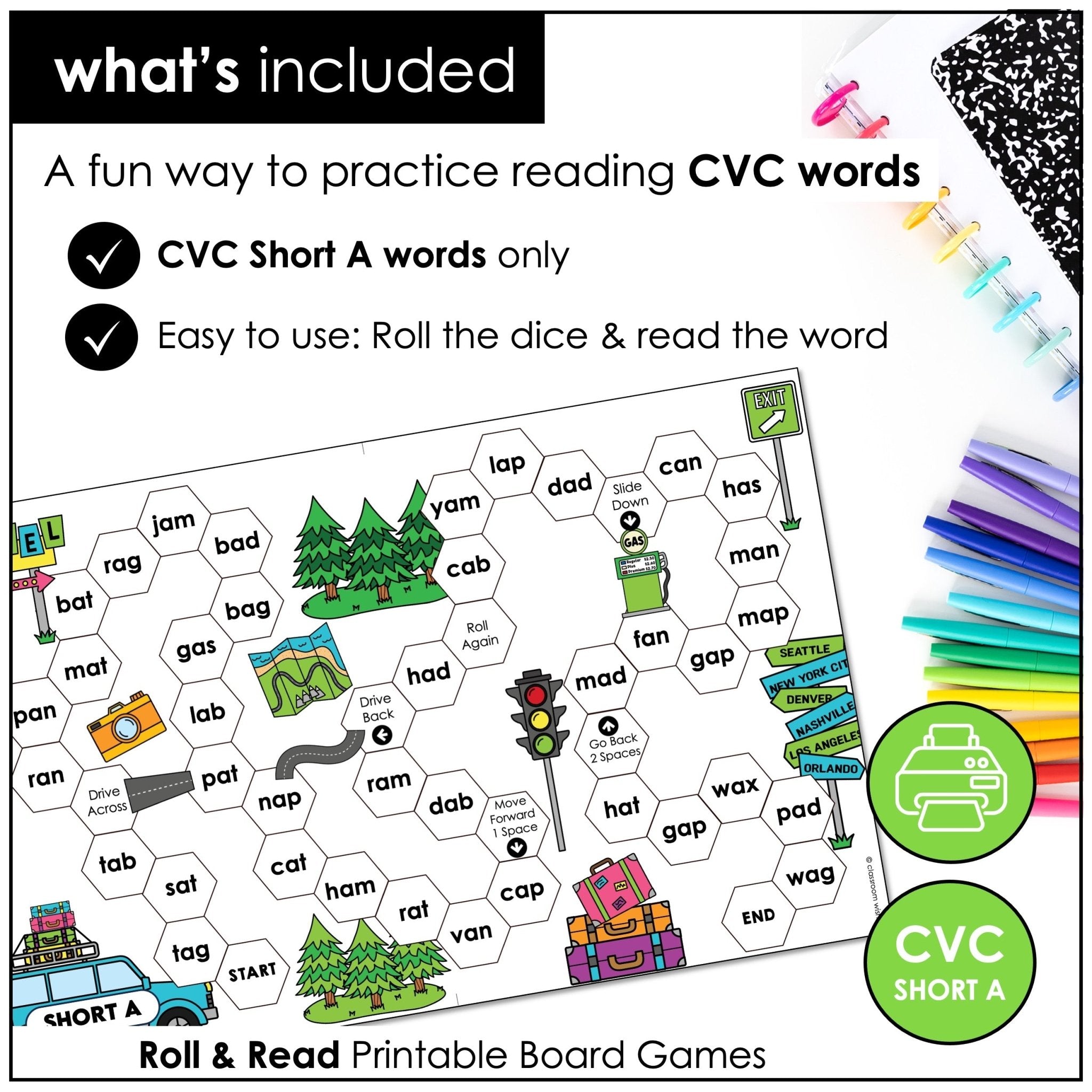 CVC Short A - Roll & Read Board Games | Phonics & Reading Practice - Hot Chocolate Teachables