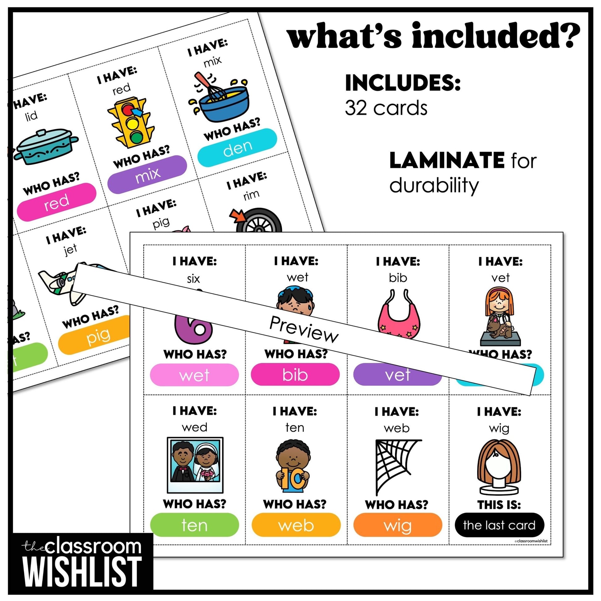 CVC Short E and I - Card Game, I HAVE, WHO HAS? | Reading Practice CVC - Hot Chocolate Teachables
