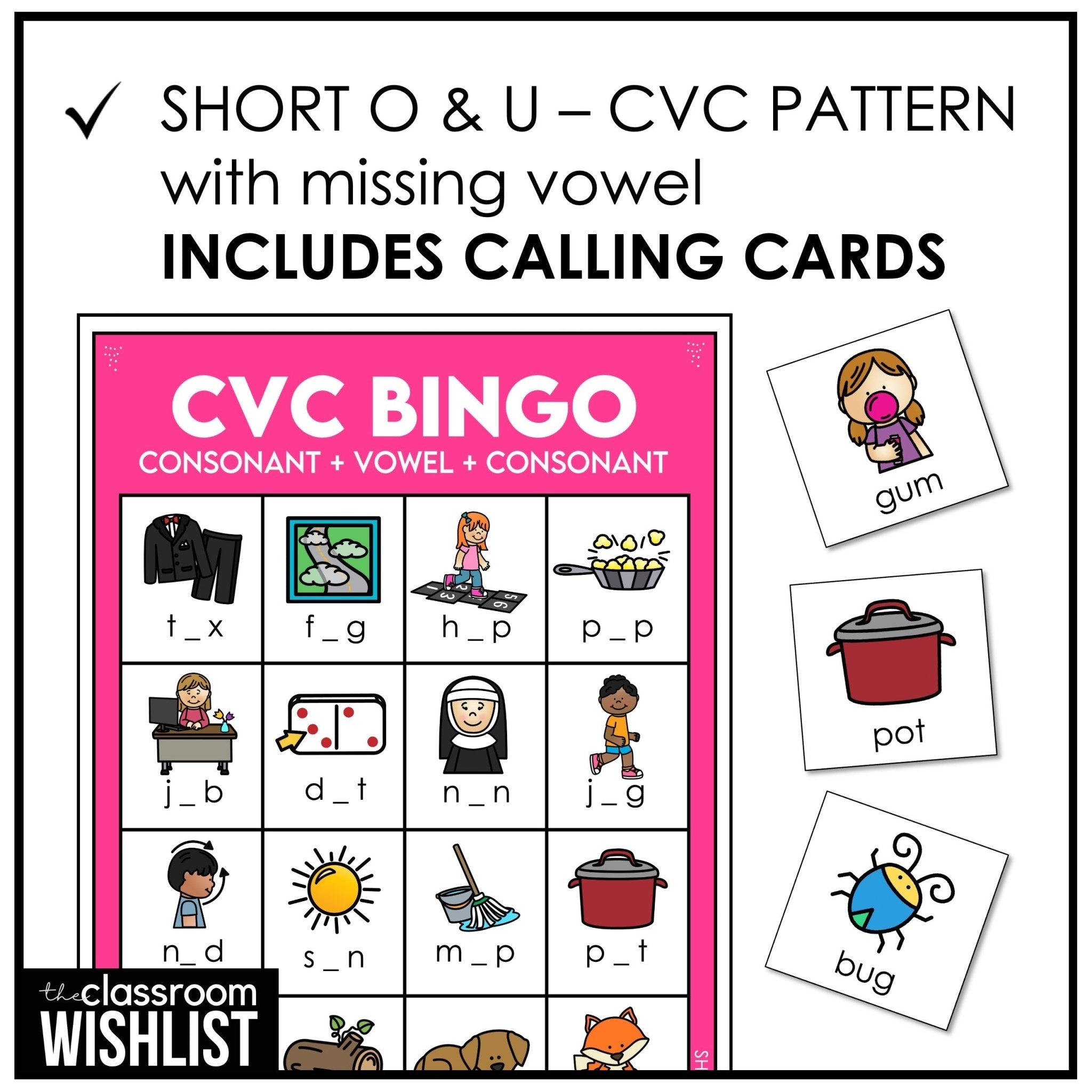 CVC Short O & U - Missing Vowel Bingo Game - Reading Practice Bingo - Hot Chocolate Teachables
