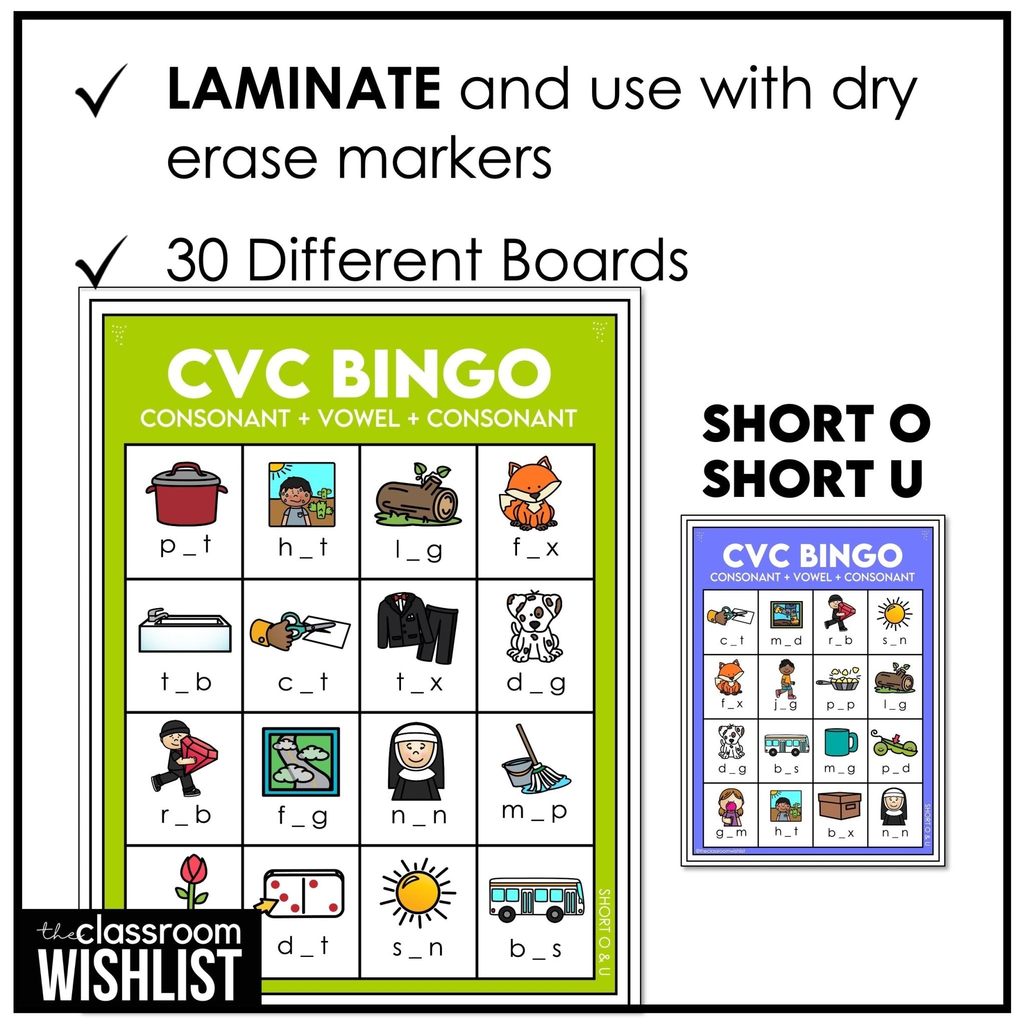 CVC Short O & U - Missing Vowel Bingo Game - Reading Practice Bingo - Hot Chocolate Teachables