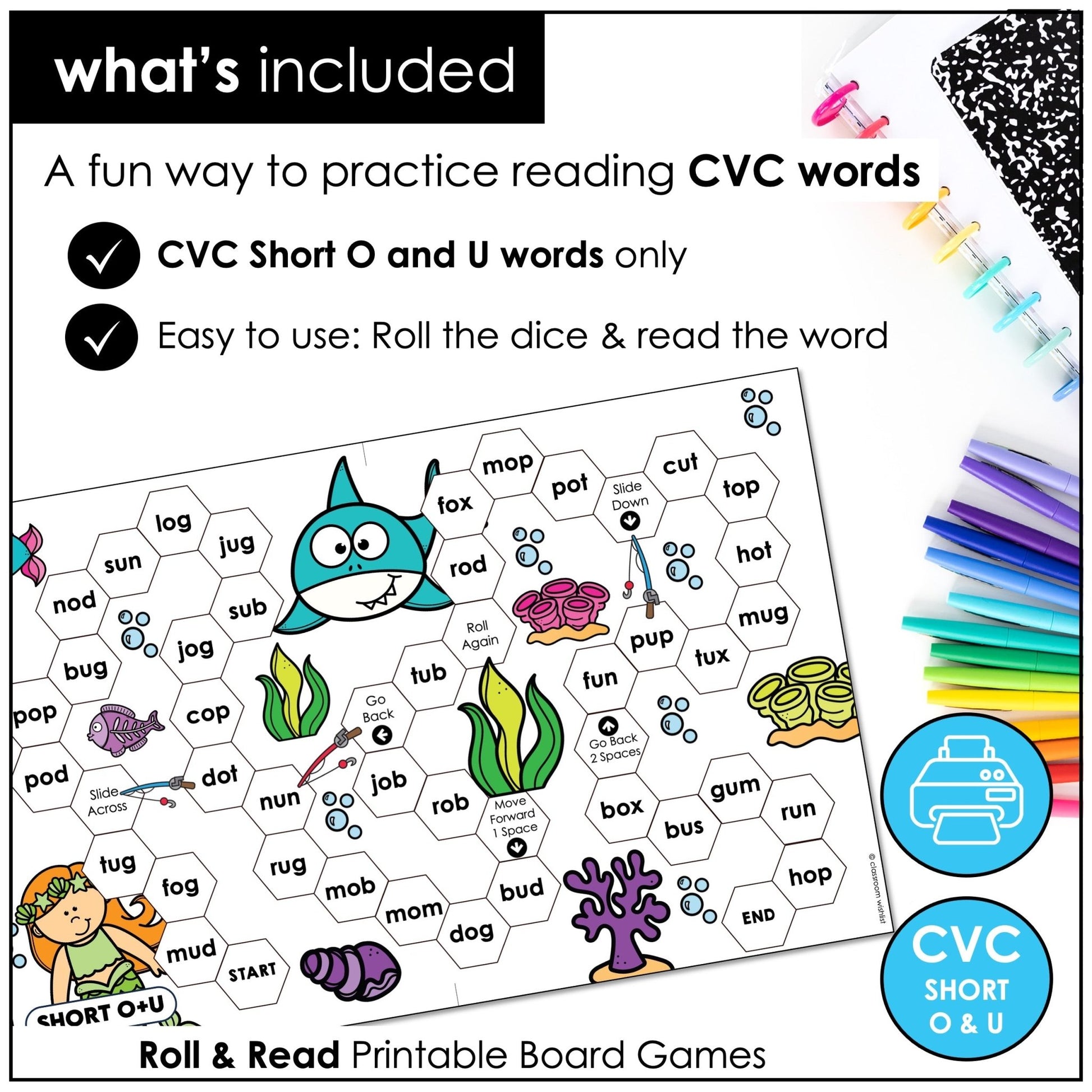 CVC Short O & U Roll & Read Board Games – Word Fluency & Phonics Practice - Hot Chocolate Teachables