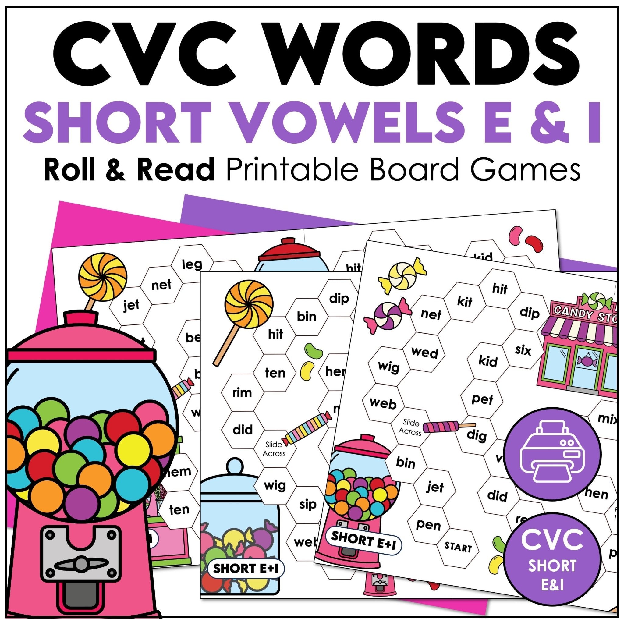 CVC Short Vowels E & I Roll & Read Board Games – Phonics & Reading Practice - Hot Chocolate Teachables