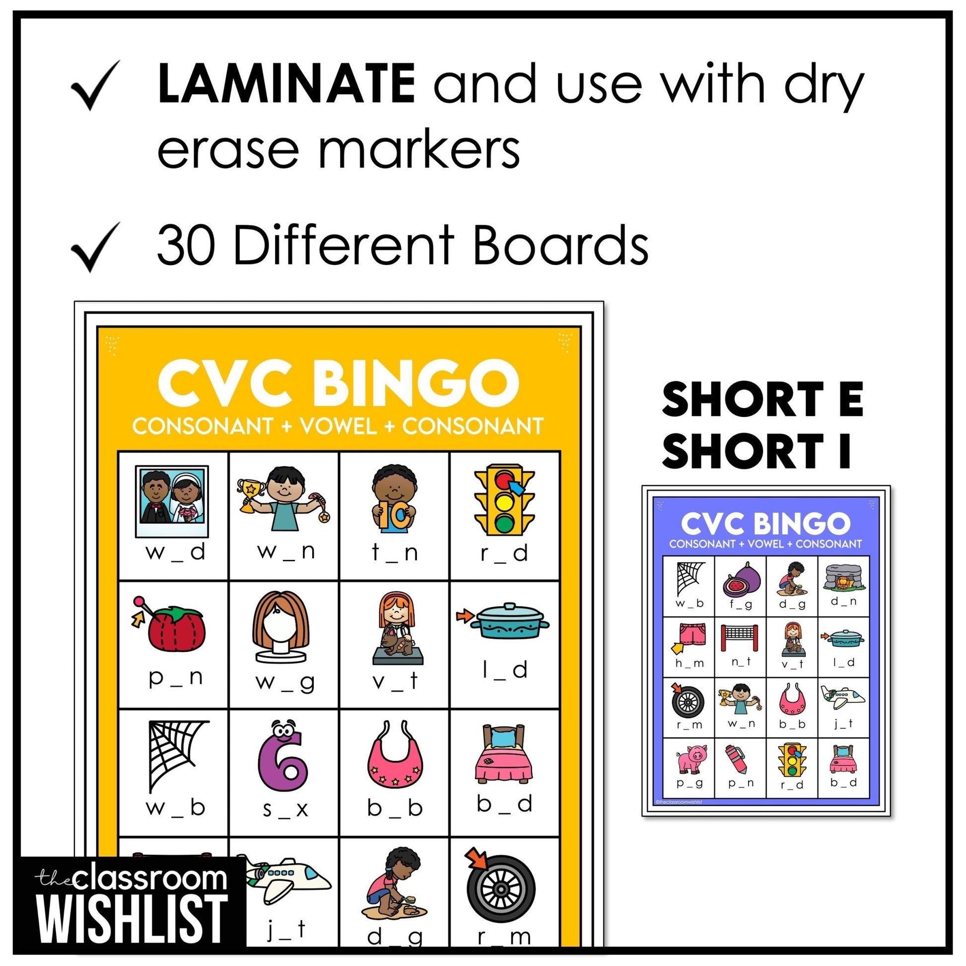 CVC Word Bingo Game - Short E & I - Missing Vowel Vocabulary Practice - Hot Chocolate Teachables