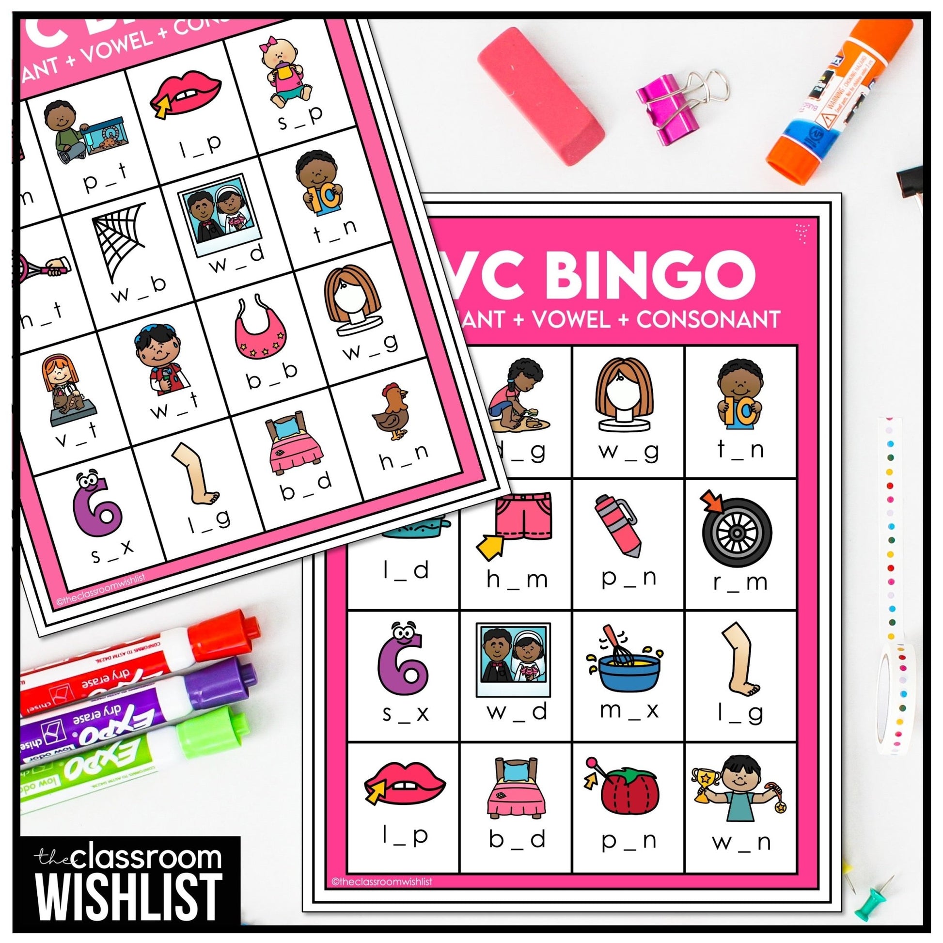 CVC Word Bingo Game - Short E & I - Missing Vowel Vocabulary Practice - Hot Chocolate Teachables