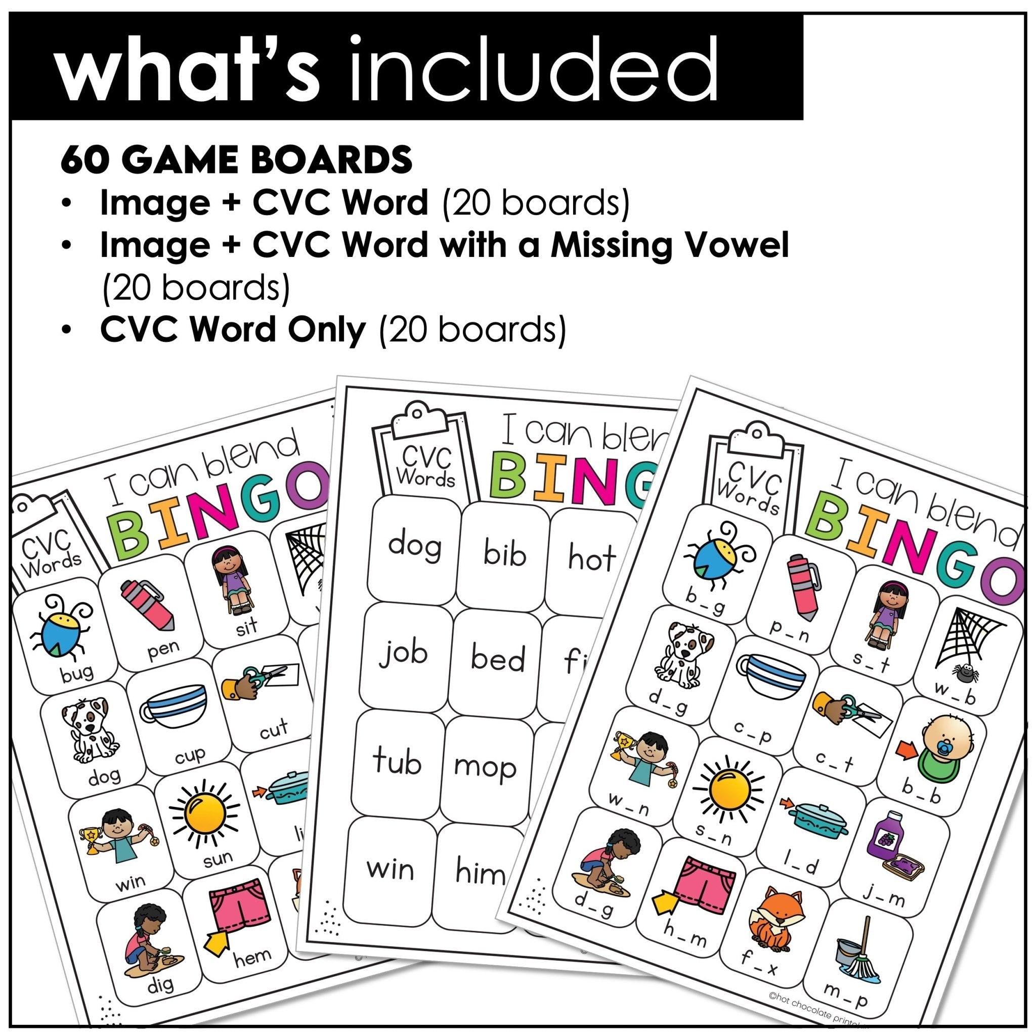 CVC WORD FLUENCY Bingo Game: Short A - E - I - O - U | Print & Digital - Hot Chocolate Teachables
