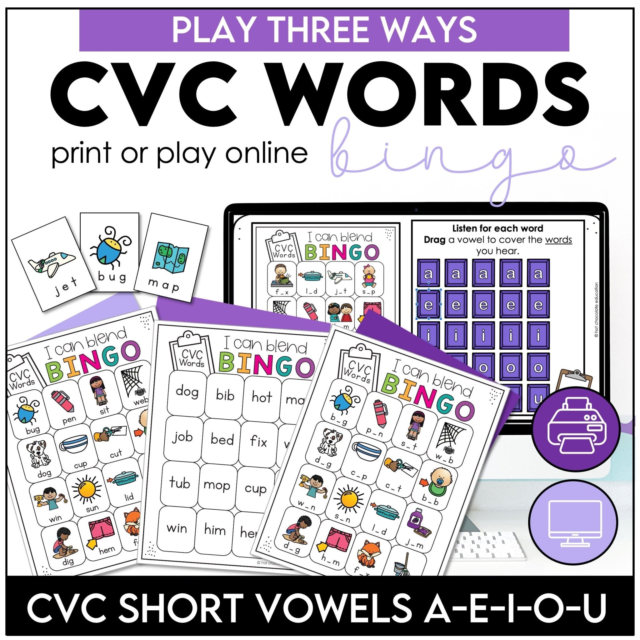 CVC WORD FLUENCY Bingo Game: Short A - E - I - O - U | Print & Digital - Hot Chocolate Teachables