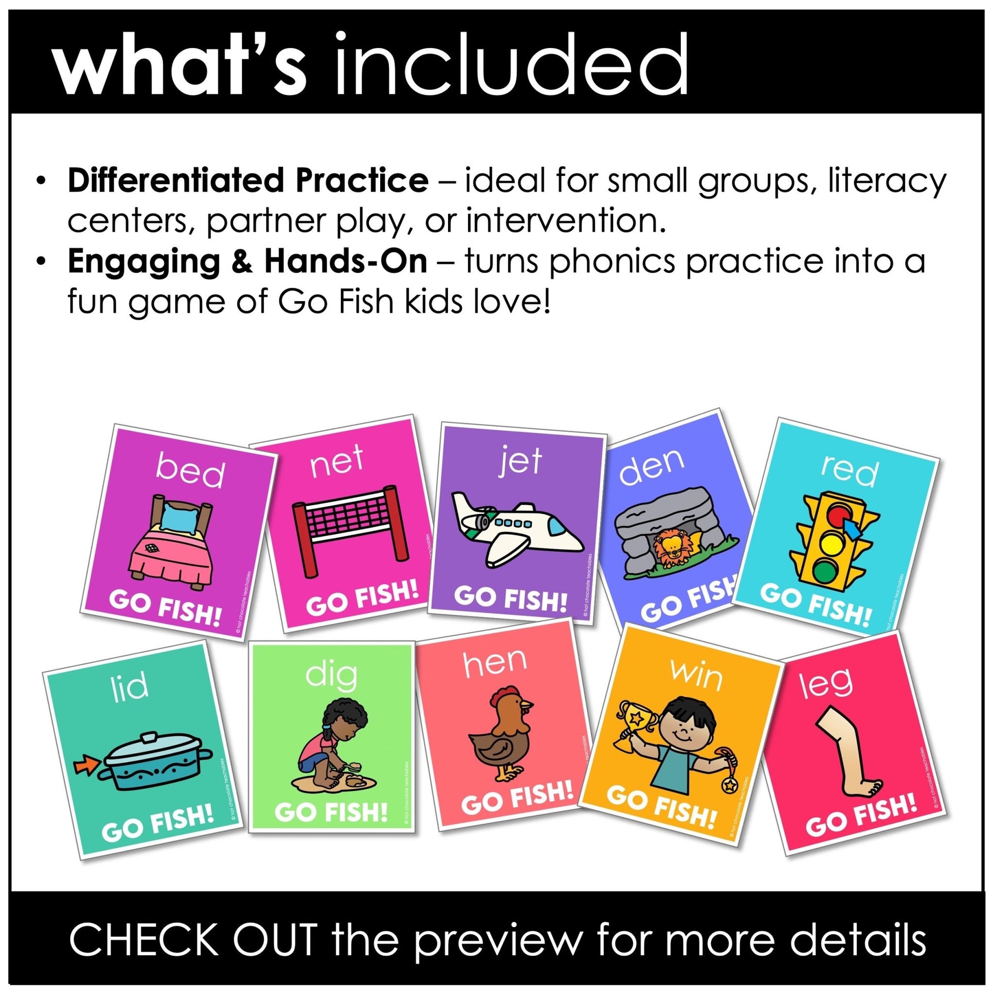 CVC Word Game Bundle – Go Fish Literacy Card Games for Short Vowels A, E, I, O, U - Hot Chocolate Teachables