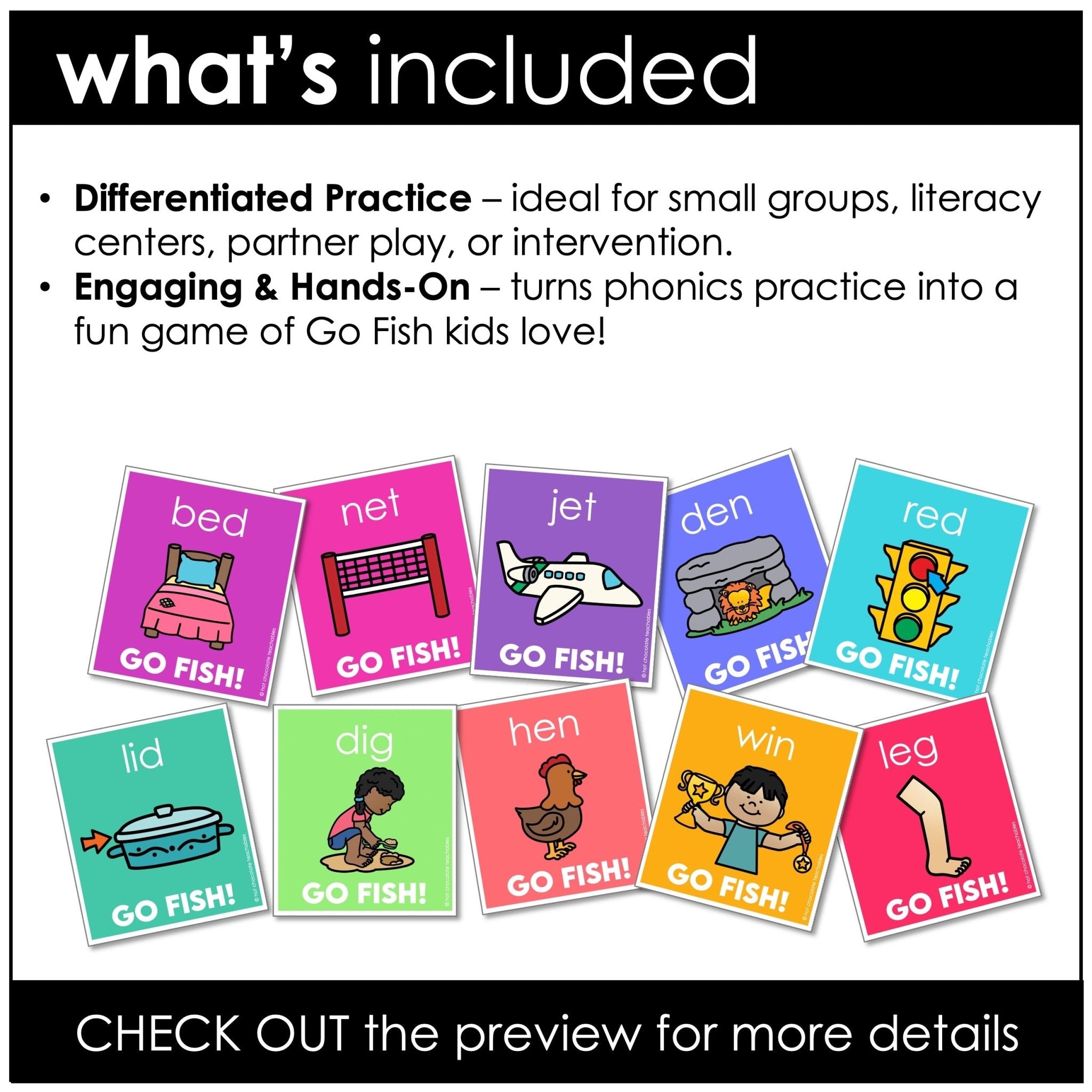 CVC Word Game Bundle – Go Fish Literacy Card Games for Short Vowels A, E, I, O, U - Hot Chocolate Teachables