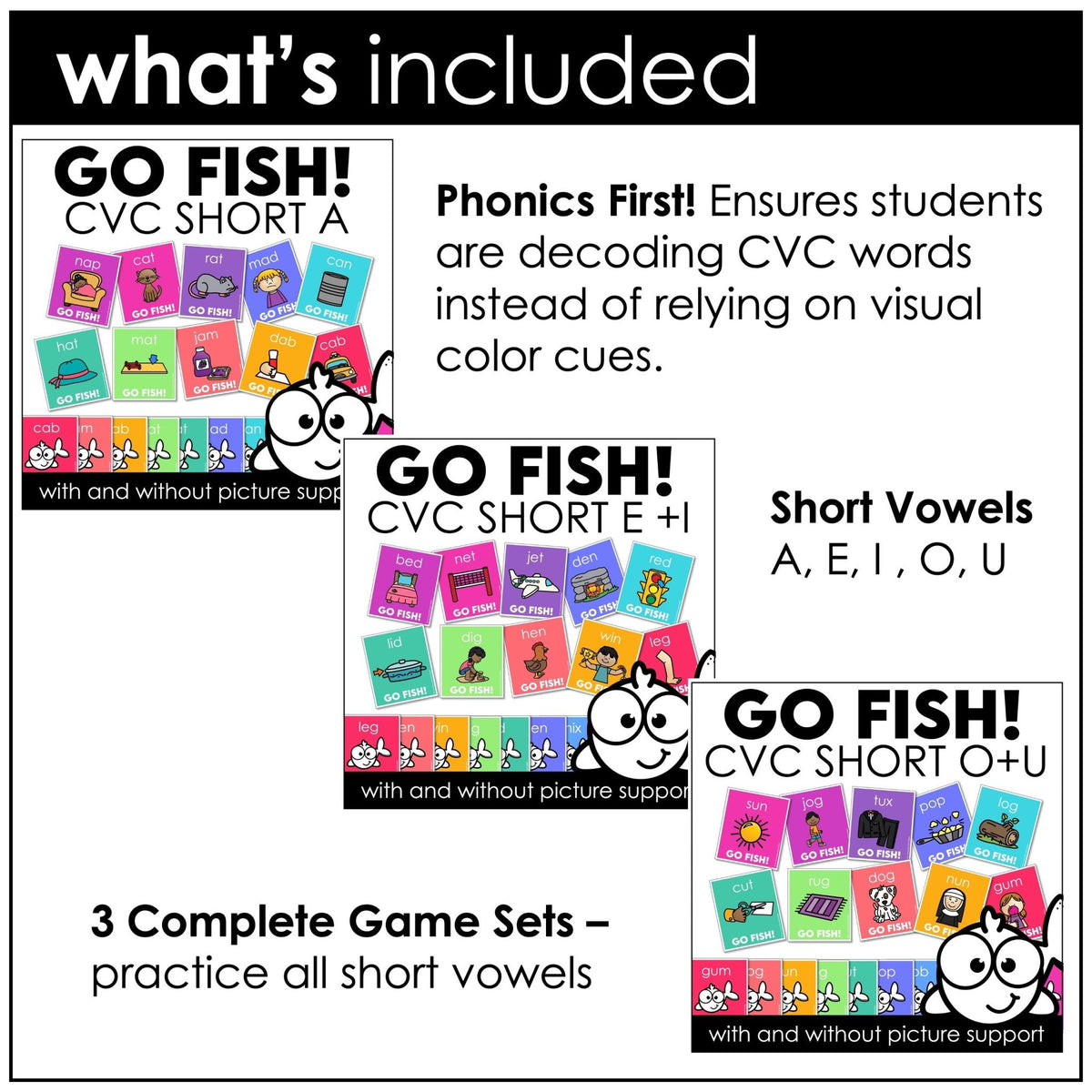 Fish Cvc Words Go Fish CVC Word Family Bundle | Short Vowel Phonics Games