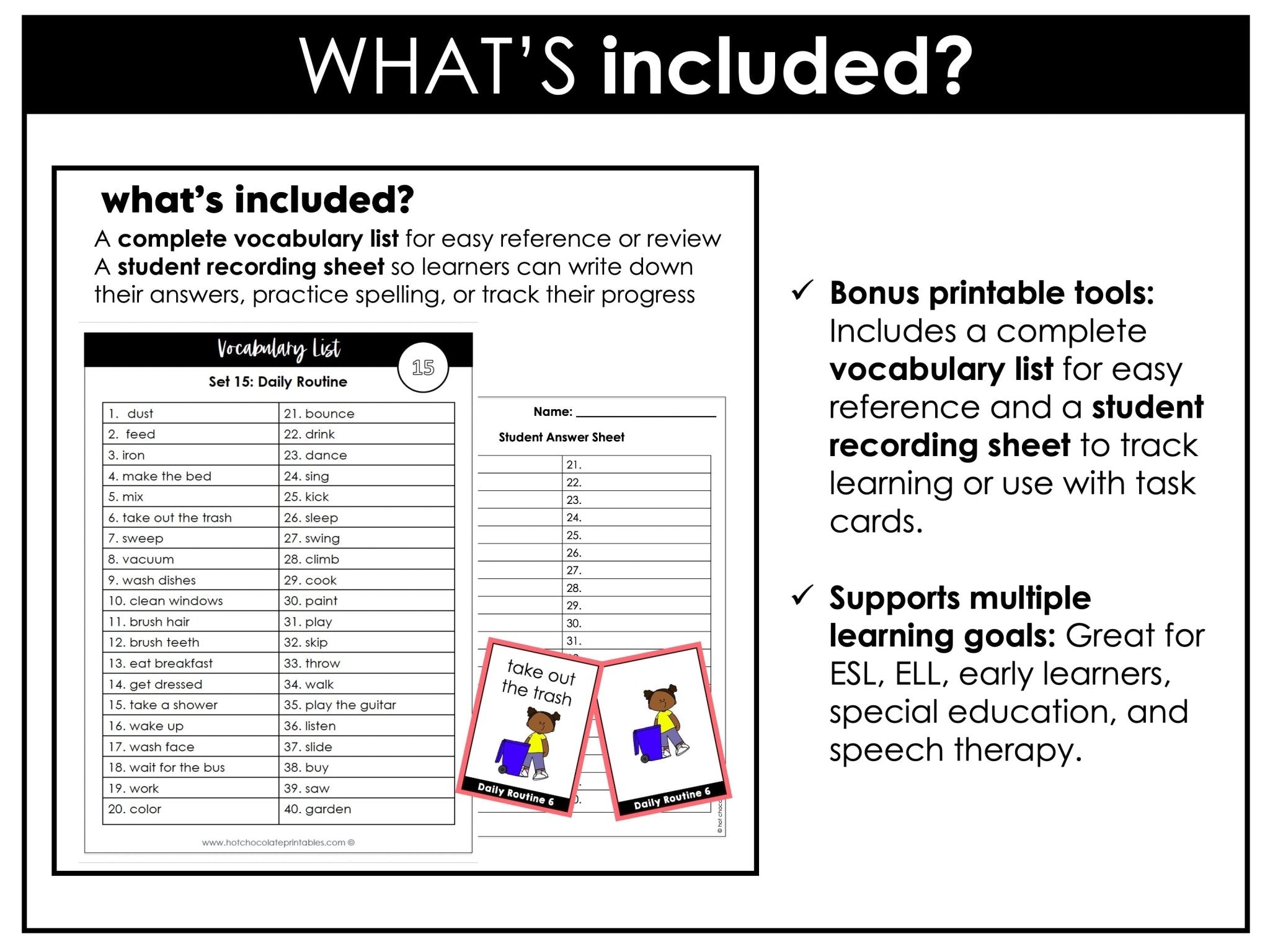 Daily Routine Flashcards : Basic Verbs & Chores : ESL task cards - Flash Cards - Hot Chocolate Teachables