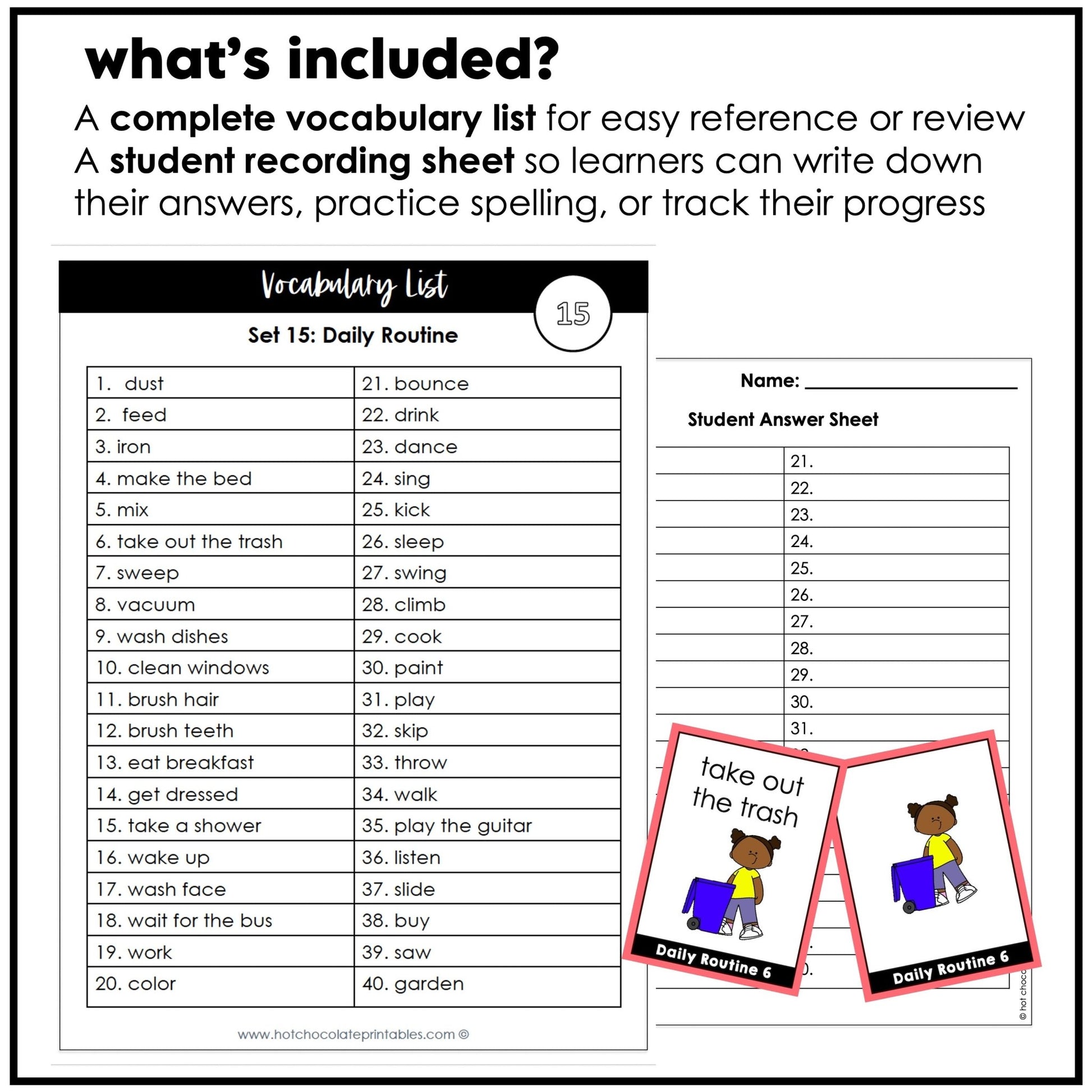 Daily Routine Flashcards : Basic Verbs & Chores : ESL task cards - Flash Cards - Hot Chocolate Teachables