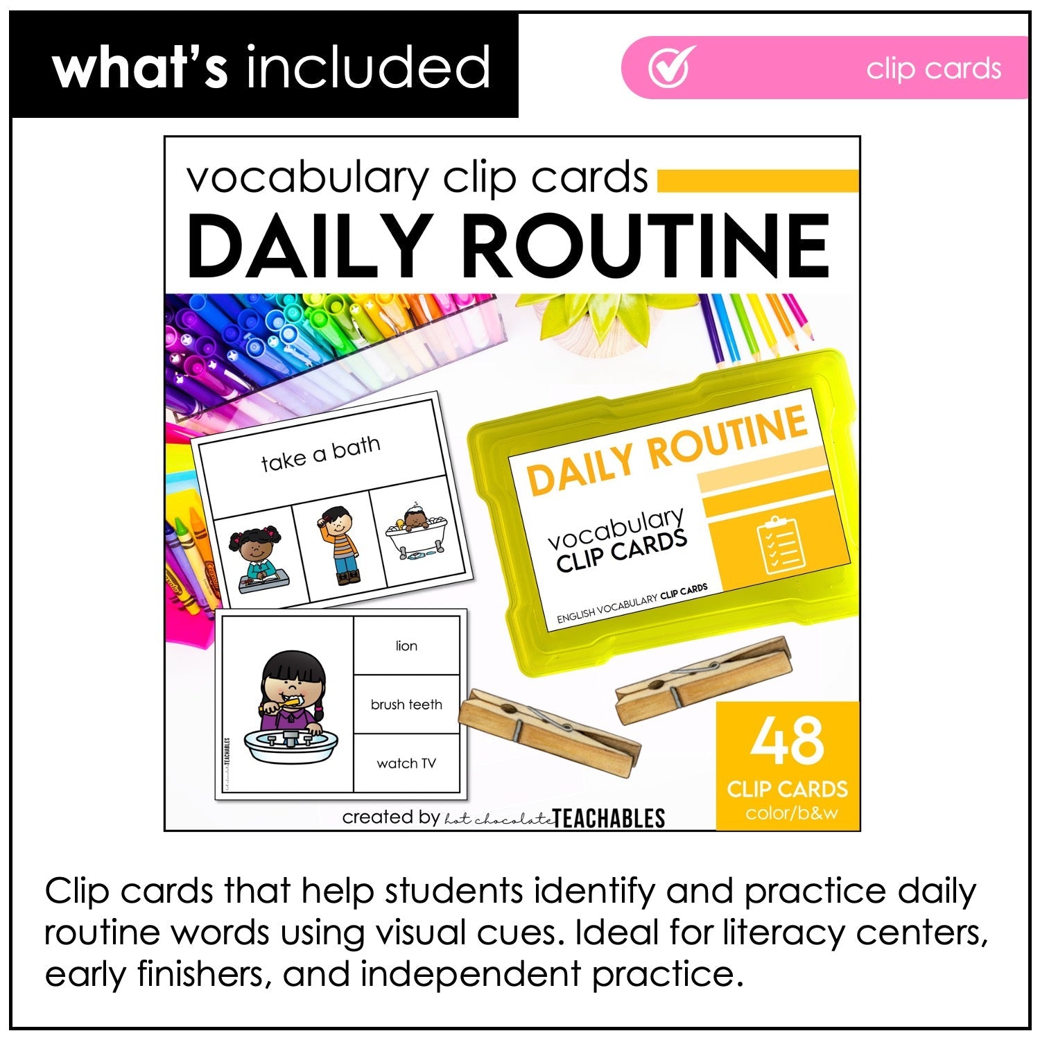 Daily Routine Vocabulary Bundle – ESL Posters, Bingo, Clip Cards & Mini Book - Hot Chocolate Teachables
