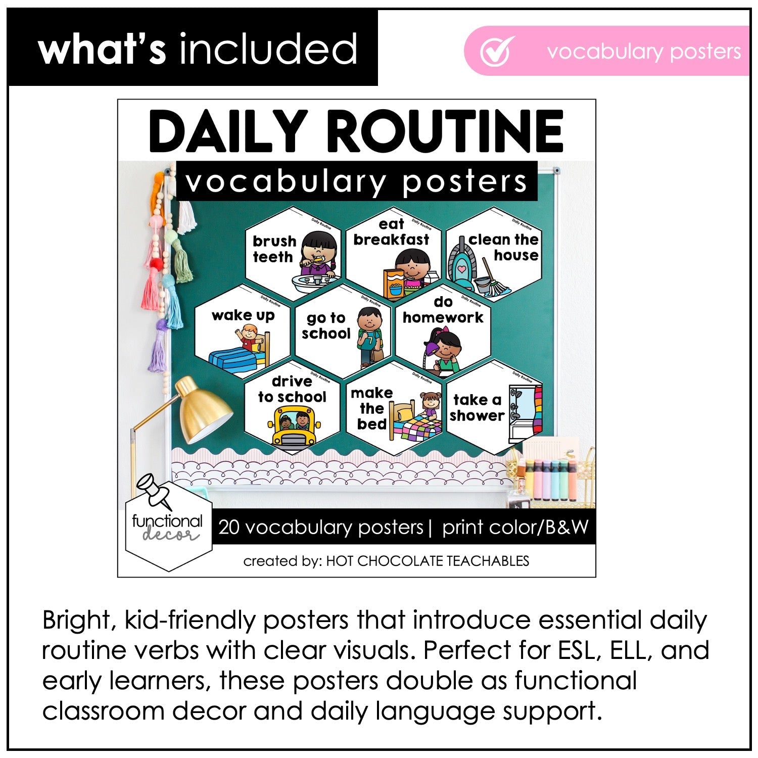 Daily Routine Vocabulary Bundle – ESL Posters, Bingo, Clip Cards & Mini Book - Hot Chocolate Teachables