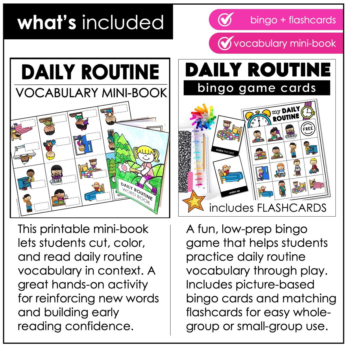 Learning Chocolate Daily Routine Daily Routine Vocabulary Bundle | ESL Verbs Activities