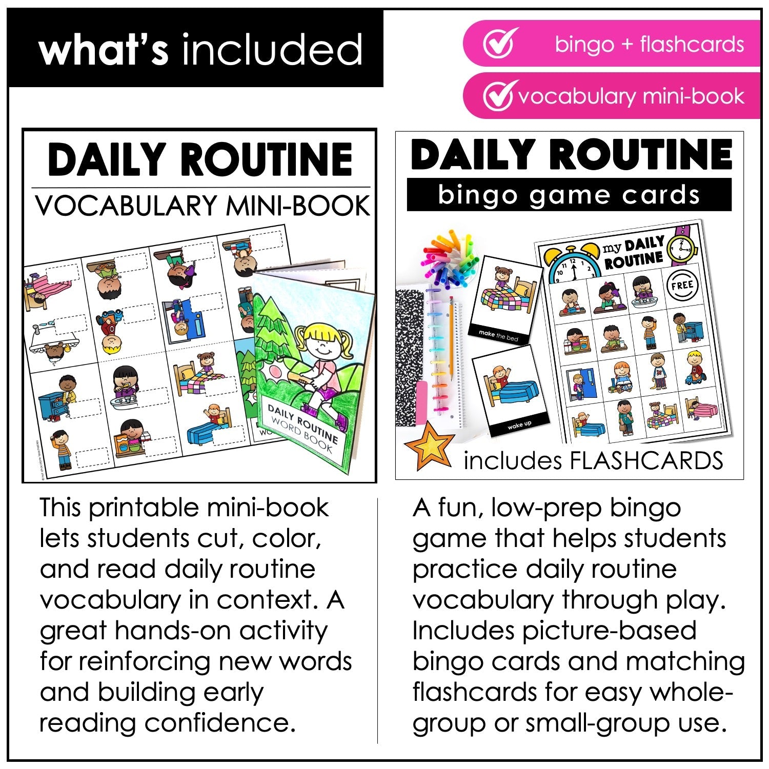 Daily Routine Vocabulary Bundle – ESL Posters, Bingo, Clip Cards & Mini Book - Hot Chocolate Teachables
