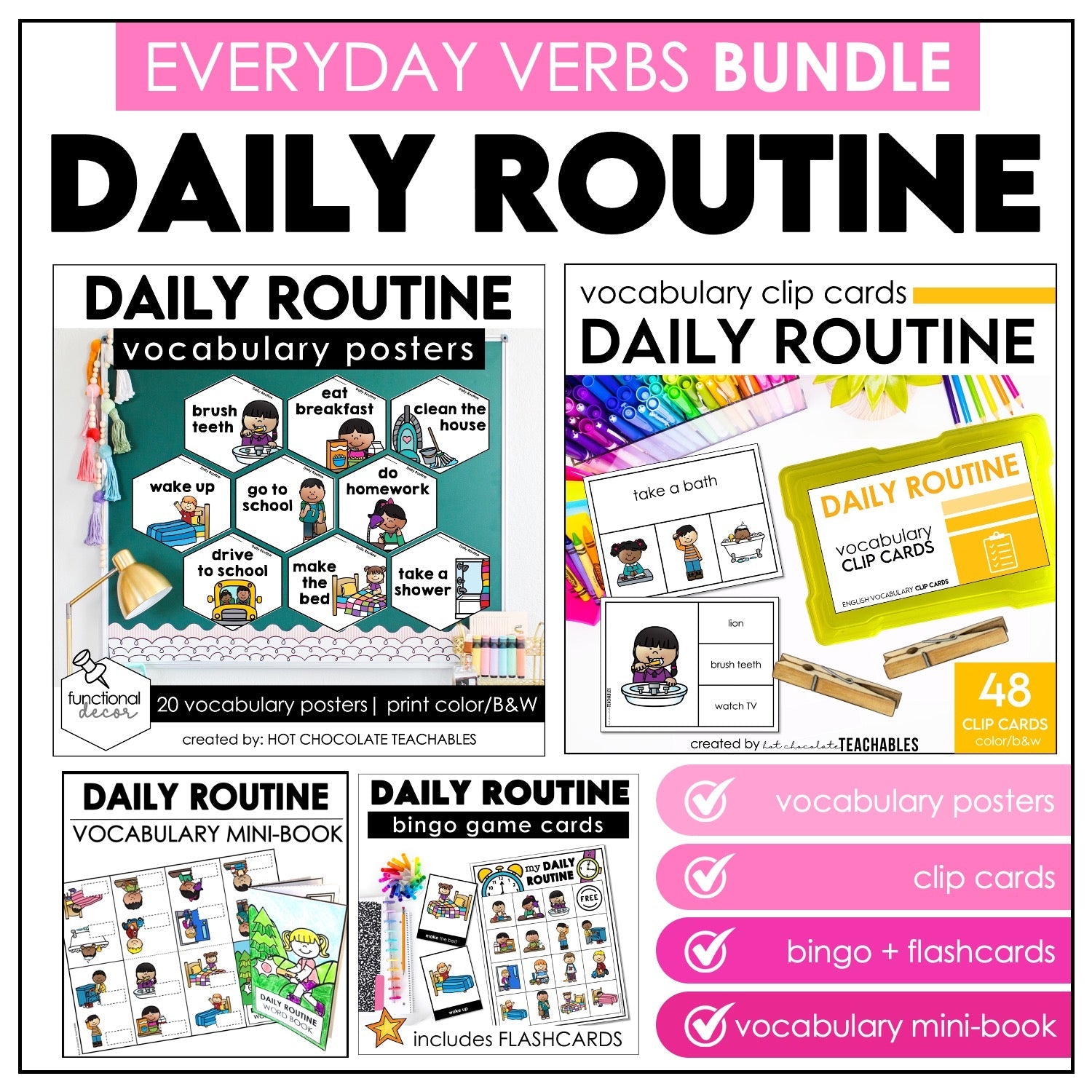 Daily Routine Vocabulary Bundle – ESL Posters, Bingo, Clip Cards & Mini Book - Hot Chocolate Teachables