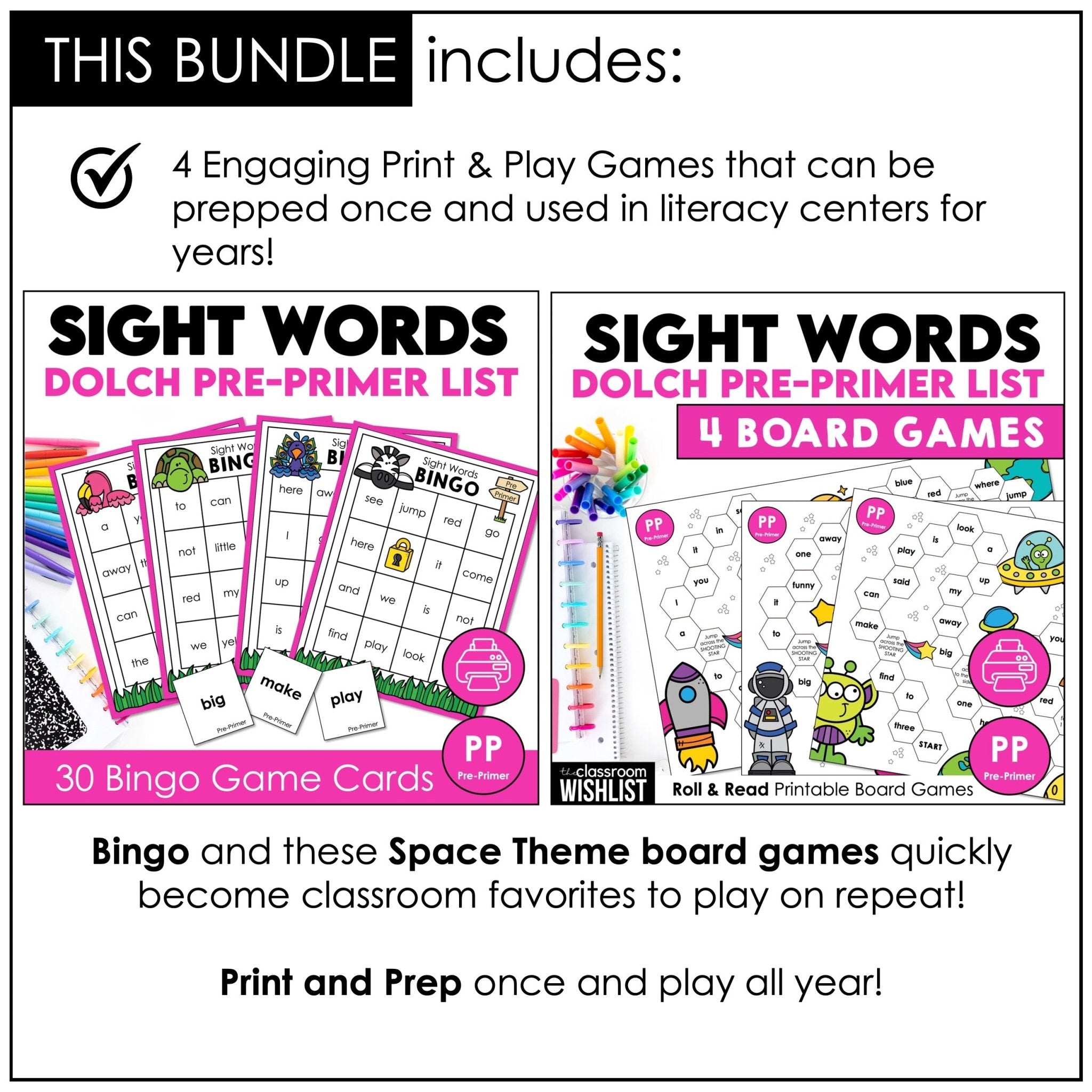Dolch Pre - Primer Sight Words Games Bundle – Print & Play Literacy Centers - Hot Chocolate Teachables