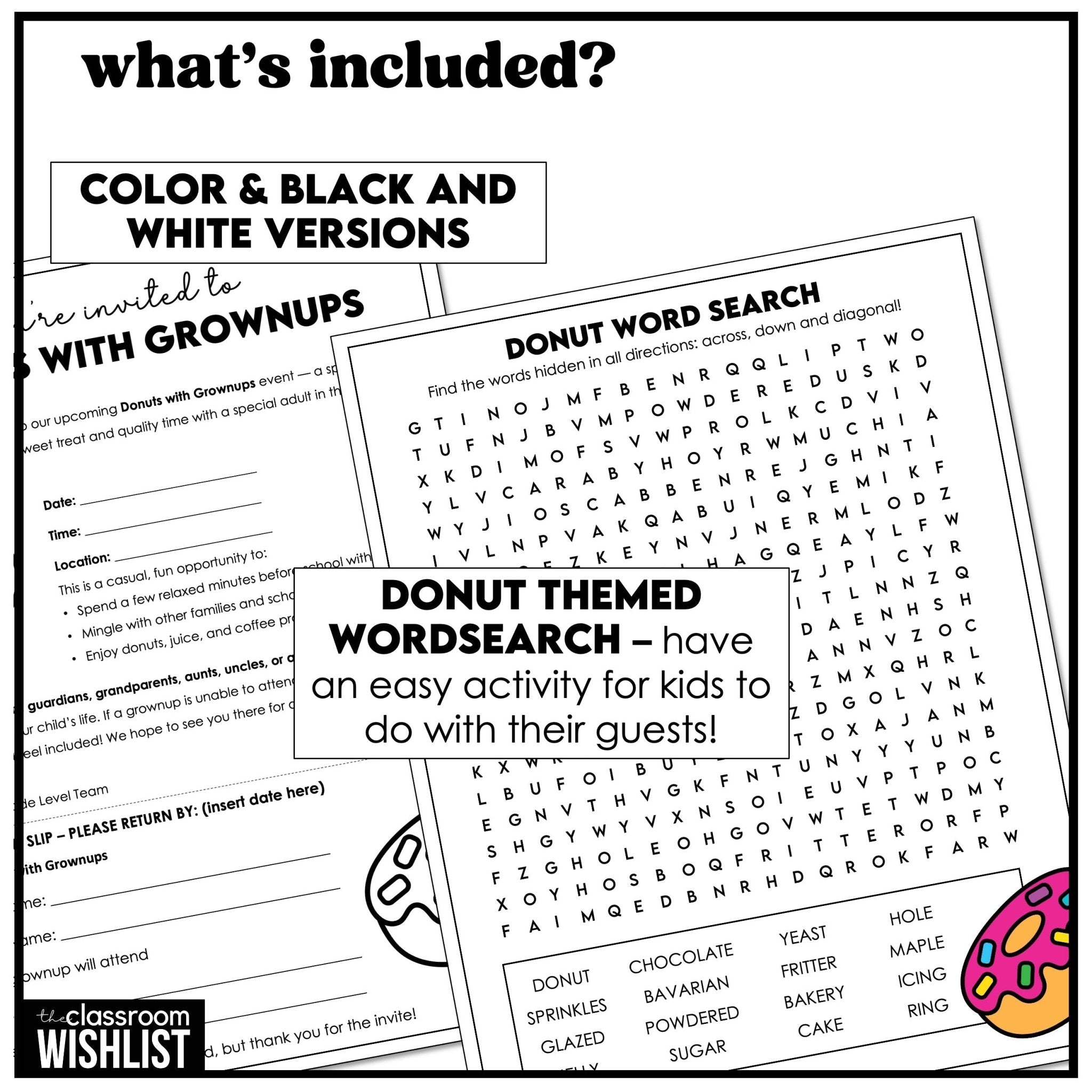 Donut Party Planning Kit | RSVP Parent Letter | Donuts & Grownups | Name Tags - Hot Chocolate Teachables