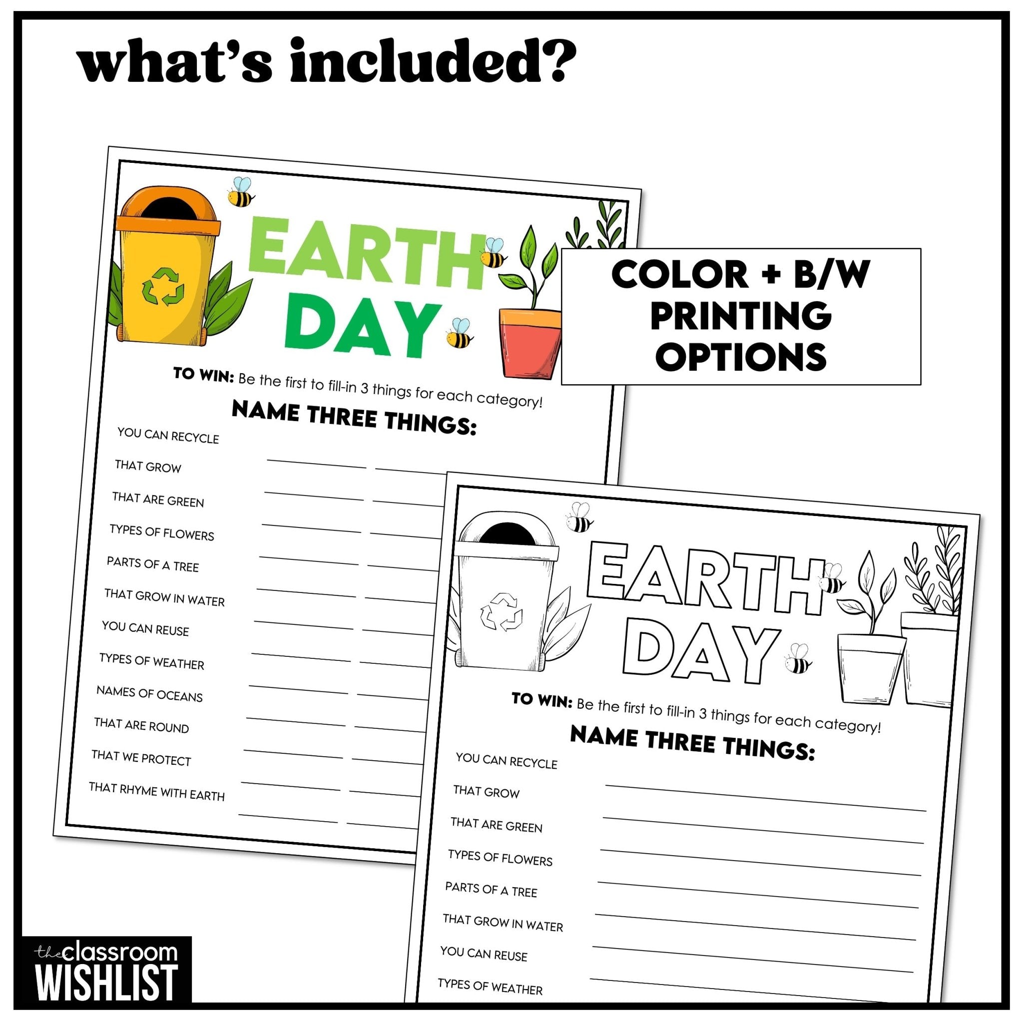 Earth Day Vocabulary Game | Name Three Things | Earth Day Freebie Activity - Hot Chocolate Teachables