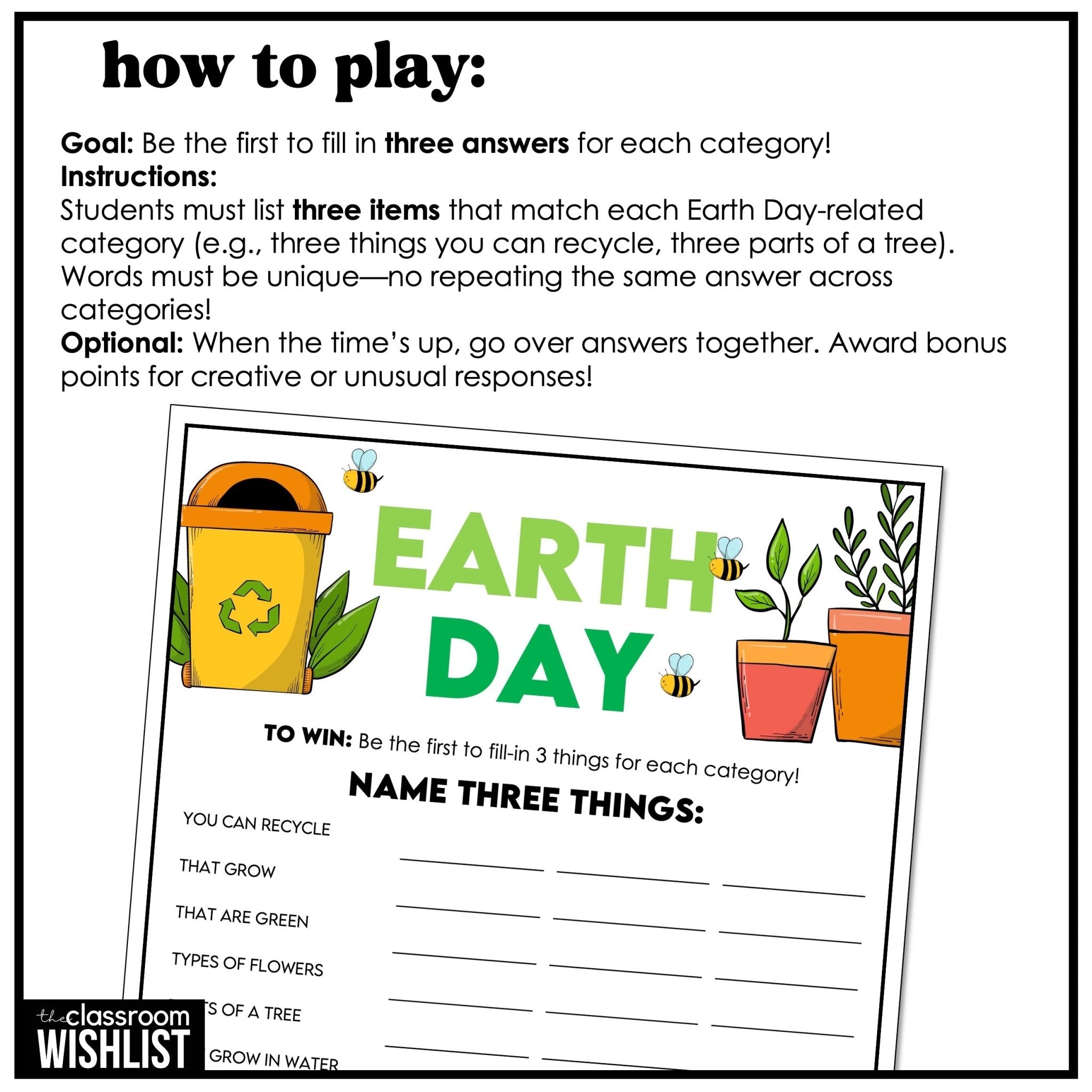 Earth Day Vocabulary Game | Name Three Things | Earth Day Freebie Activity - Hot Chocolate Teachables