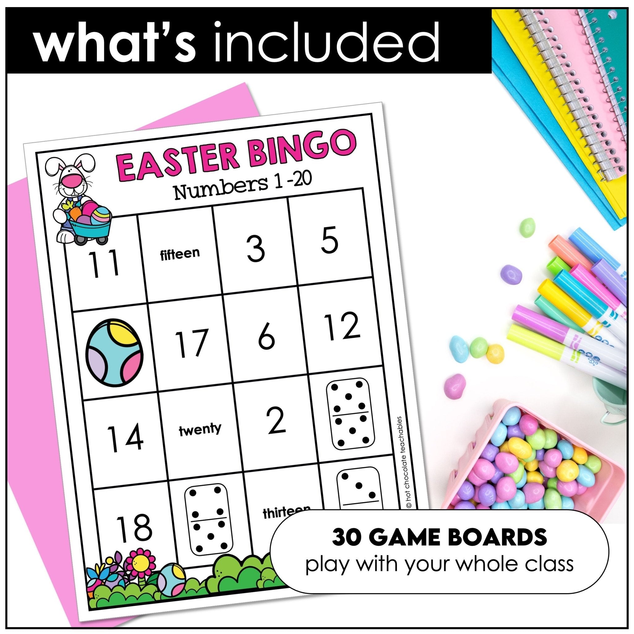 Easter Number Fluency Bingo Game | Number Recognition from 1 to 20 - Hot Chocolate Teachables
