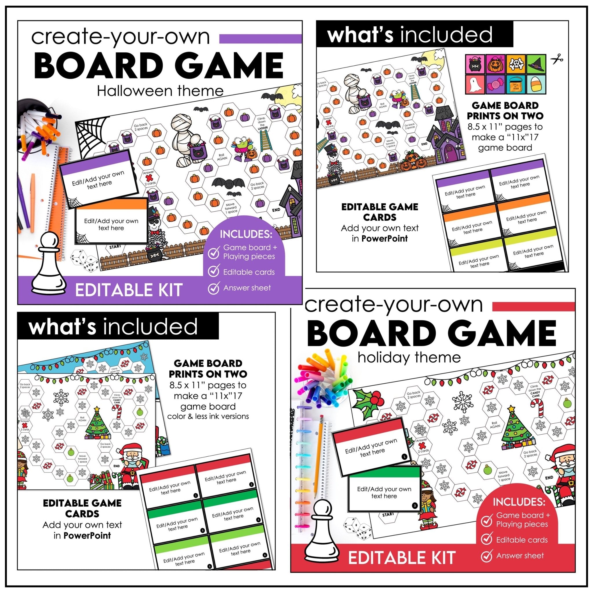 Editable Board Game Bundle - Templates with Editable Game Cards for ANY subject - Hot Chocolate Teachables