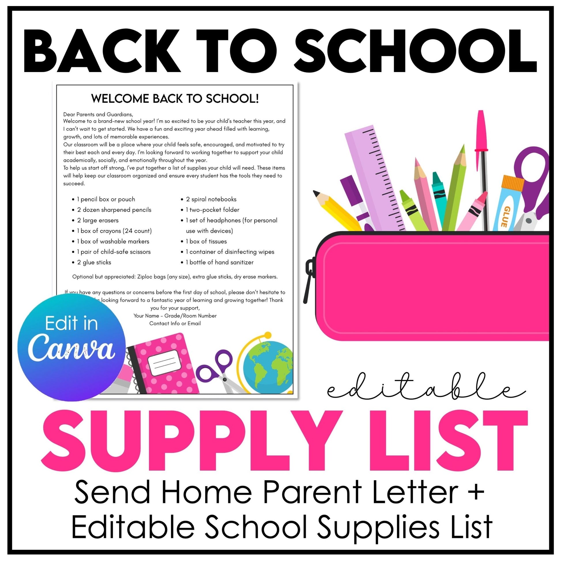 Editable Classroom Supply List Template Back to School