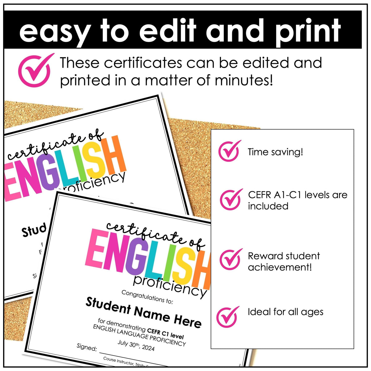 Editable English Award Certificate – End of Year CEFR A1–C2 - Hot Chocolate Teachables
