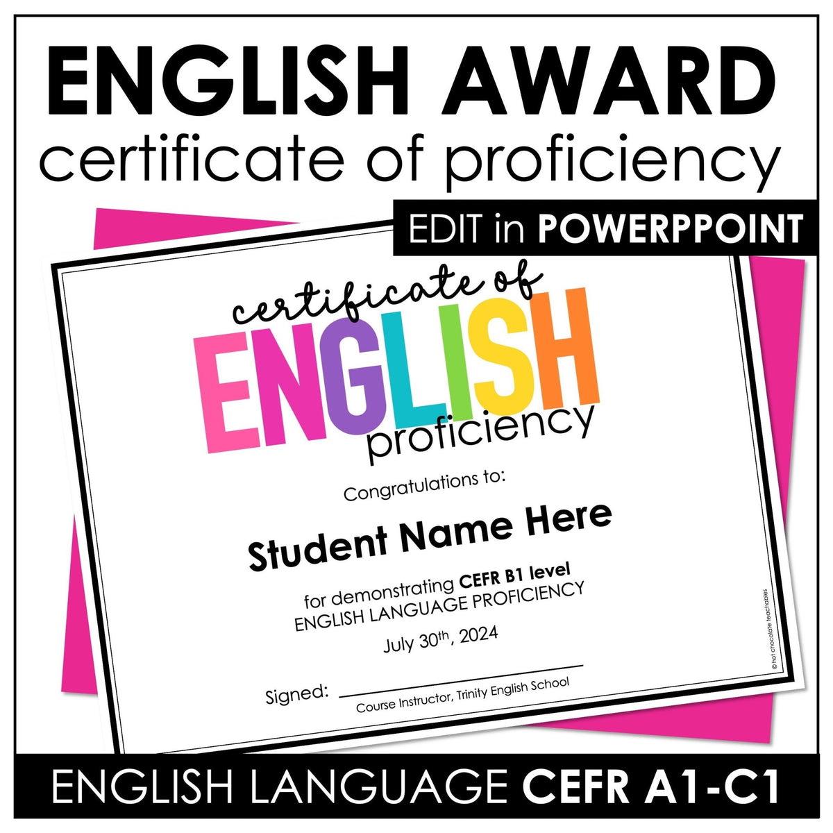 Editable English Award Certificate – End of Year CEFR A1–C2 - Hot Chocolate Teachables