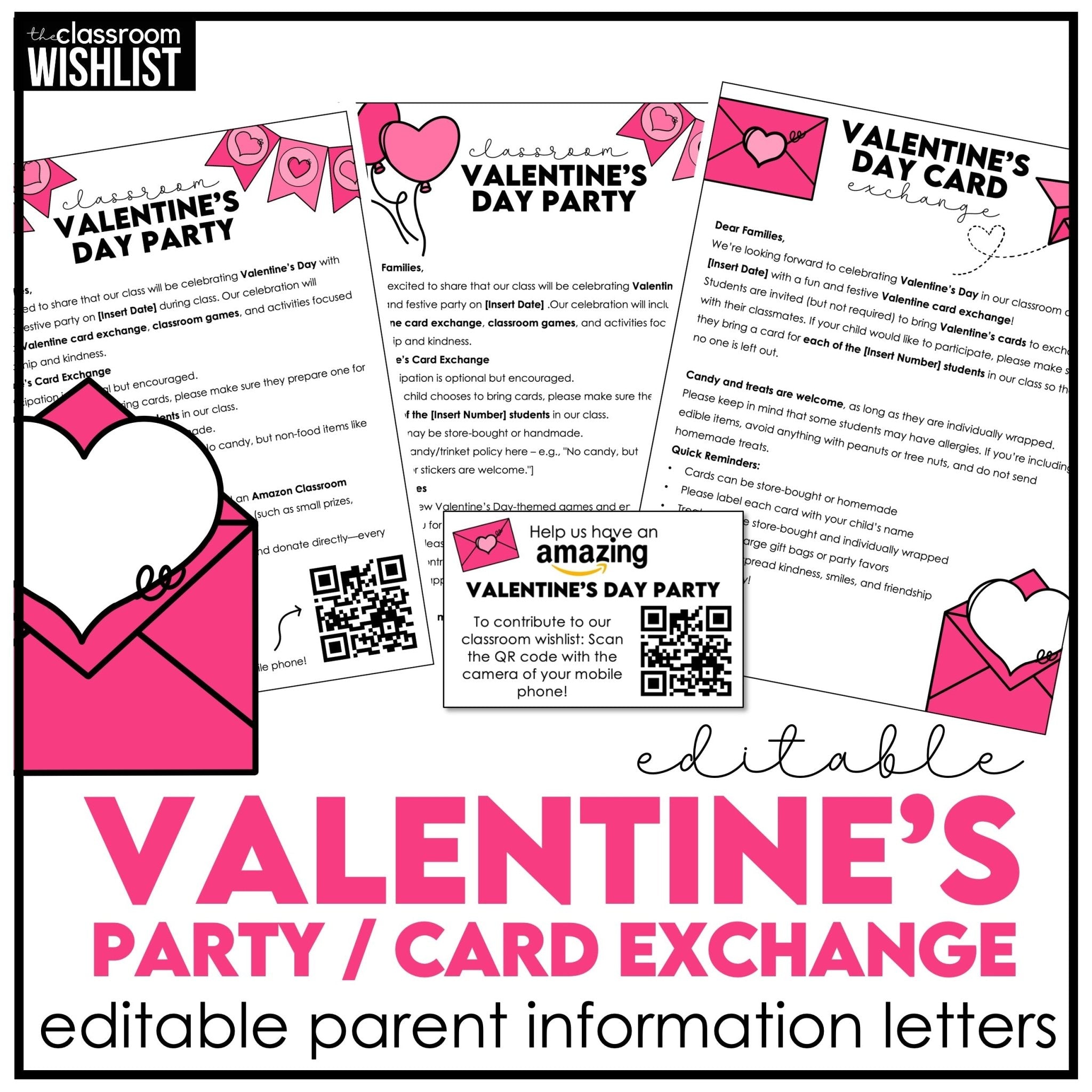 Editable Valentine's Day parent letter and classroom card exchange note