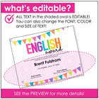 End of Year English Award Certificate - Editable Template