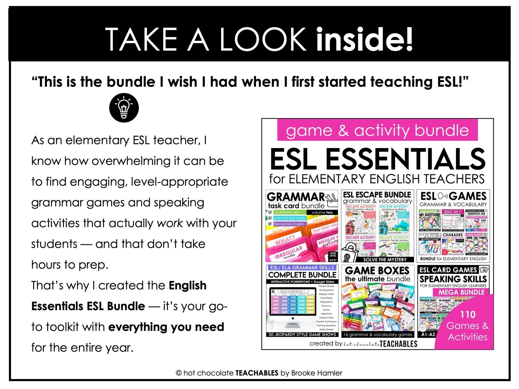 English Essentials Biggest Bundle: ESL Grammar, Conversation, Vocabulary ELA Games & Activities - Hot Chocolate Teachables