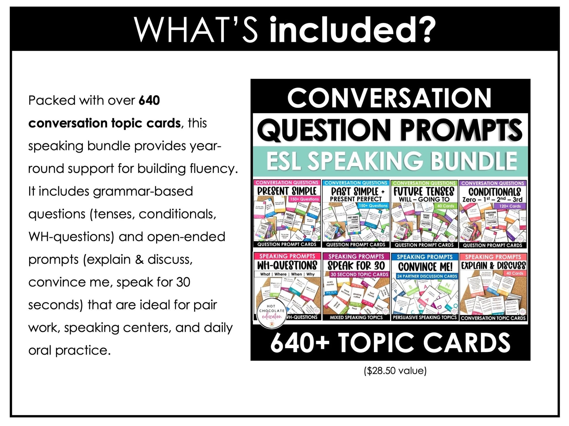 English Essentials Biggest Bundle: ESL Grammar, Conversation, Vocabulary ELA Games & Activities - Hot Chocolate Teachables