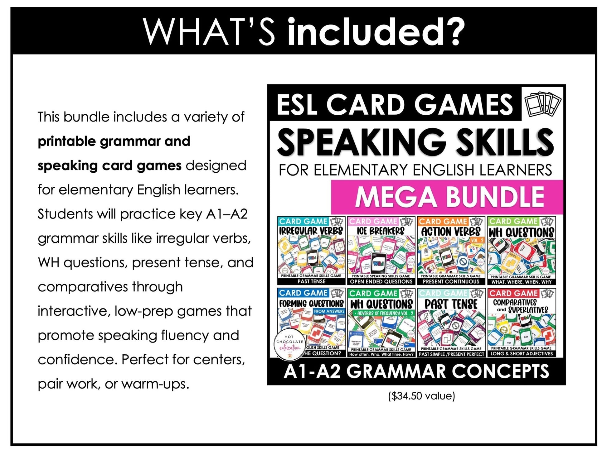 English Essentials Biggest Bundle: ESL Grammar, Conversation, Vocabulary ELA Games & Activities - Hot Chocolate Teachables