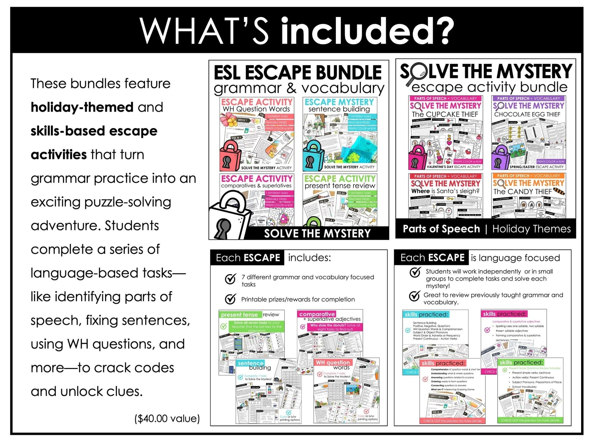 English Essentials Biggest Bundle: ESL Grammar, Conversation, Vocabulary ELA Games & Activities - Hot Chocolate Teachables