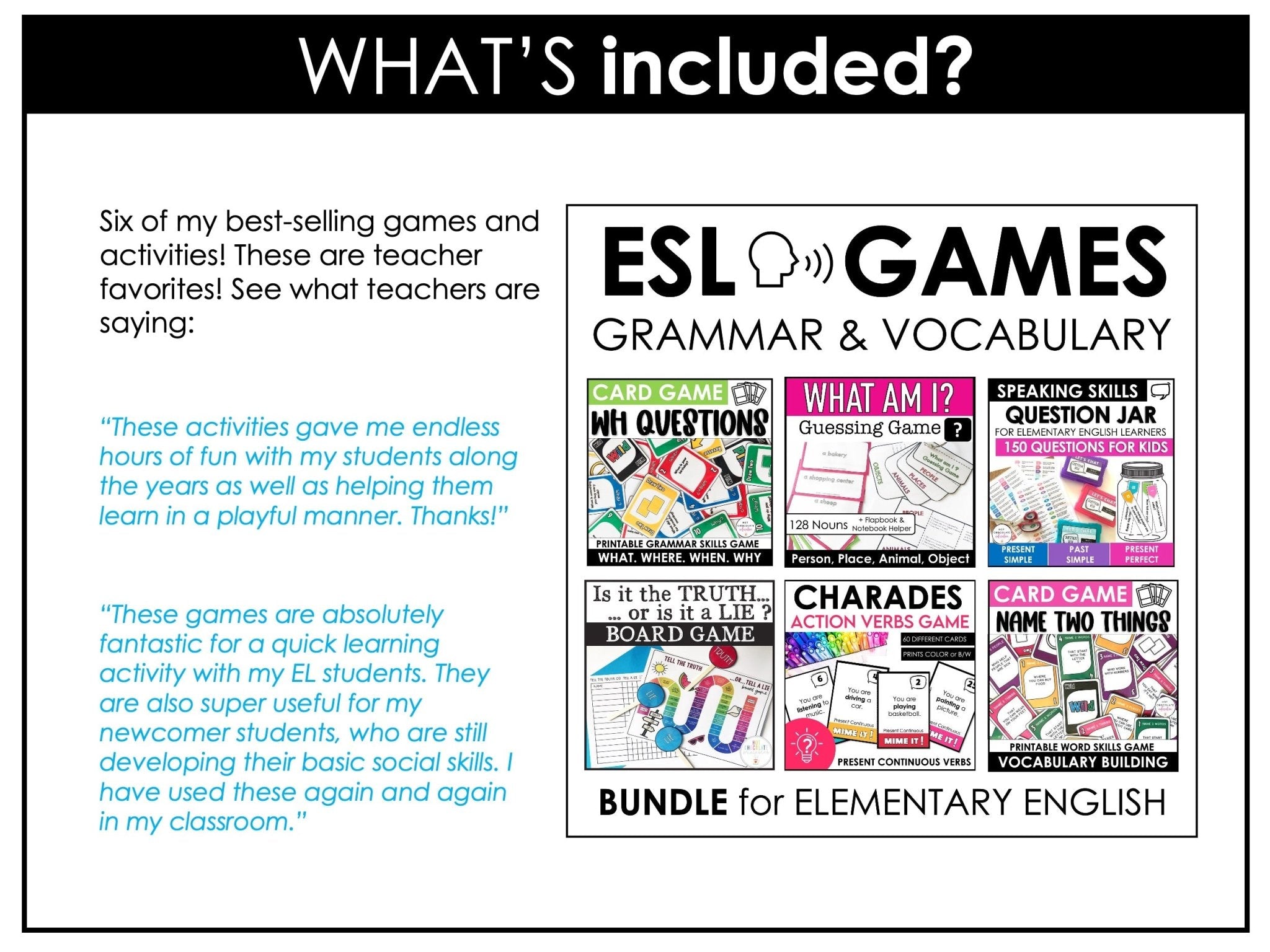 English Essentials Biggest Bundle: ESL Grammar, Conversation, Vocabulary ELA Games & Activities - Hot Chocolate Teachables