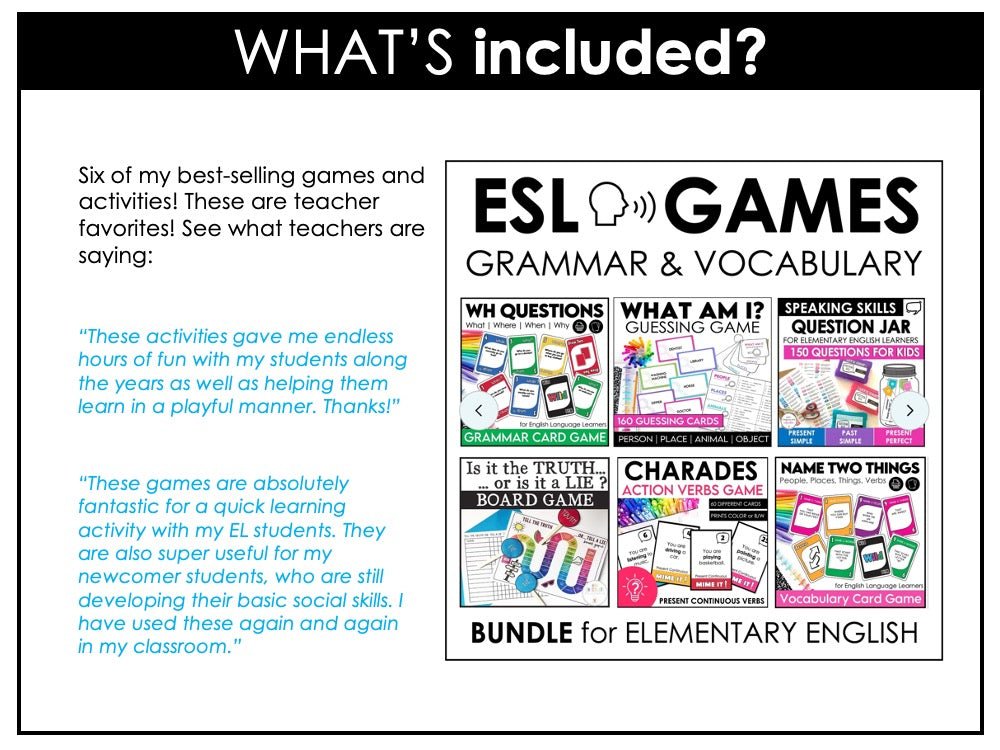 English Essentials Biggest Bundle: ESL Grammar, Conversation, Vocabulary ELA Games & Activities - Hot Chocolate Teachables
