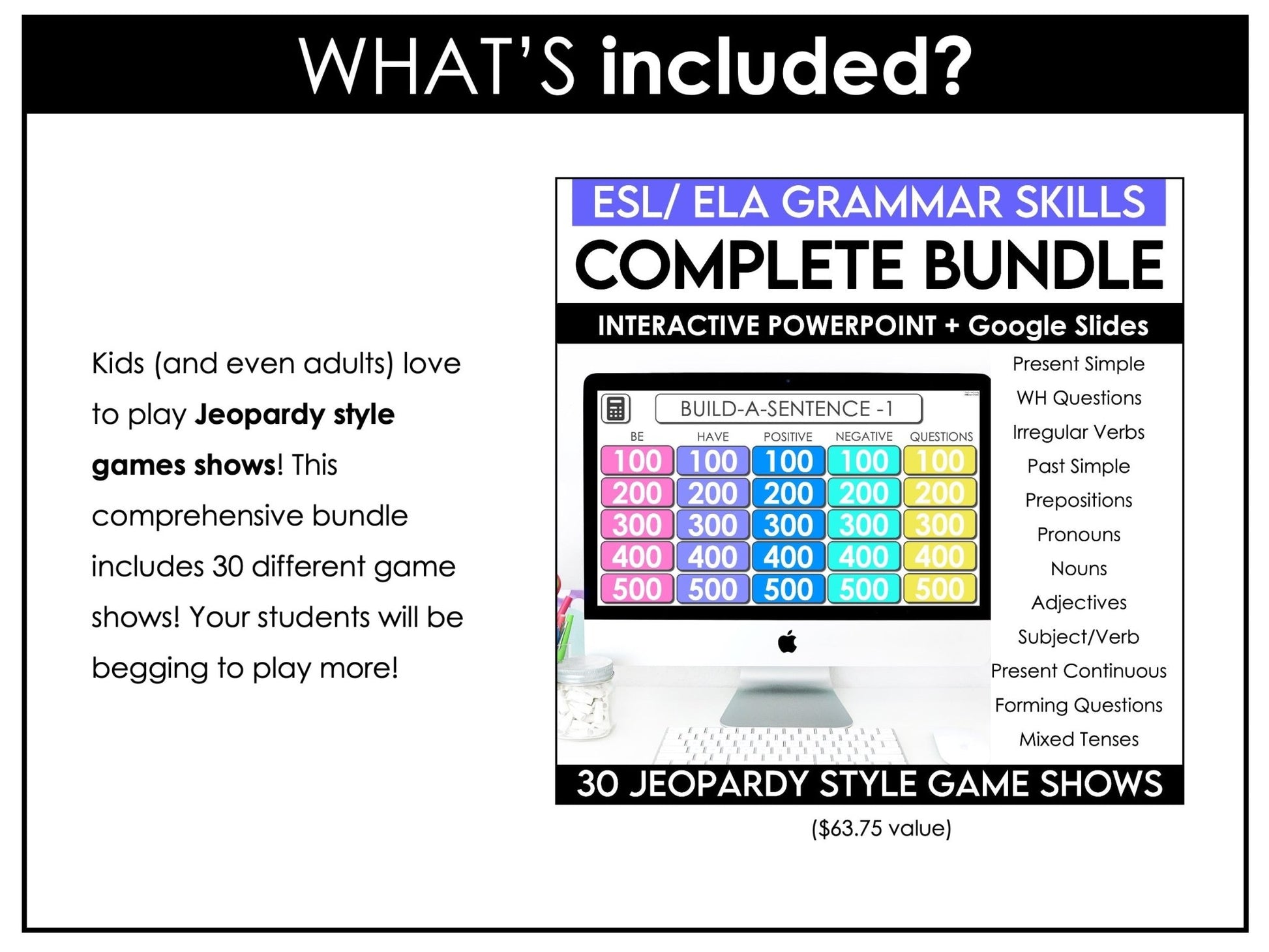 English Essentials Biggest Bundle: ESL Grammar, Conversation, Vocabulary ELA Games & Activities - Hot Chocolate Teachables