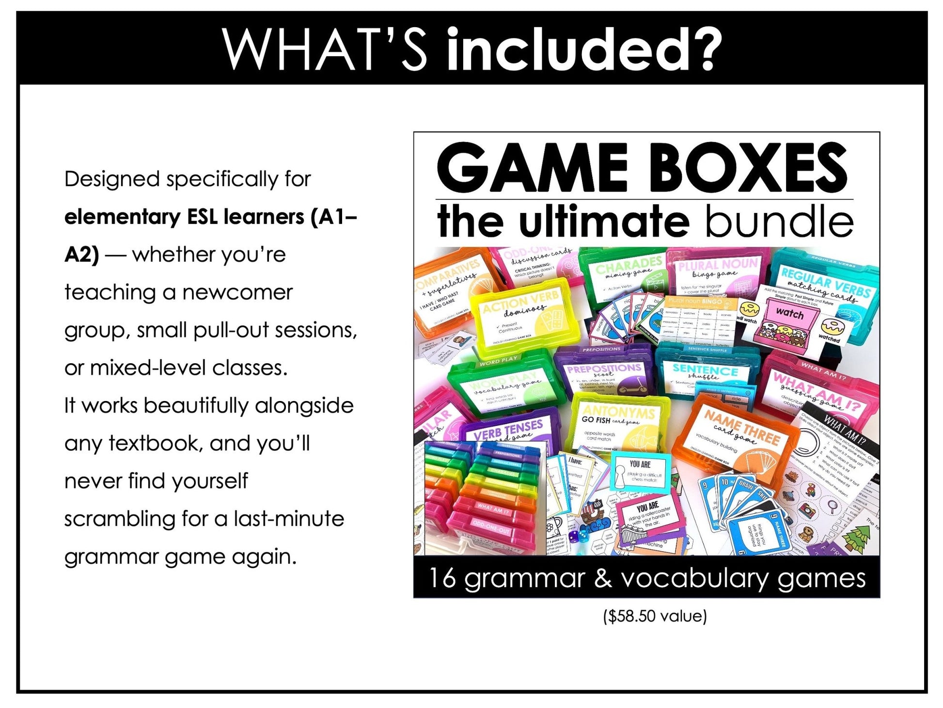 English Essentials Biggest Bundle: ESL Grammar, Conversation, Vocabulary ELA Games & Activities - Hot Chocolate Teachables