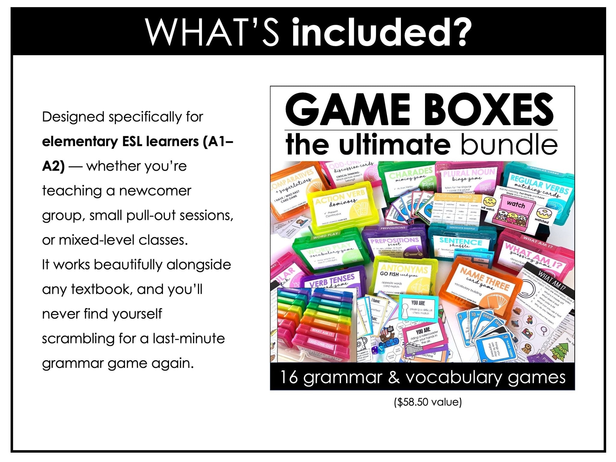 English Essentials Biggest Bundle: ESL Grammar, Conversation, Vocabulary ELA Games & Activities - Hot Chocolate Teachables