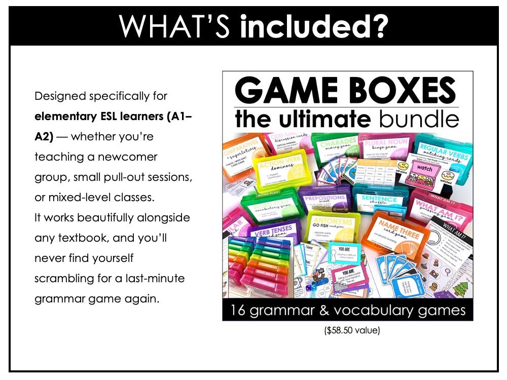 English Essentials Biggest Bundle: ESL Grammar, Conversation, Vocabulary ELA Games & Activities - Hot Chocolate Teachables